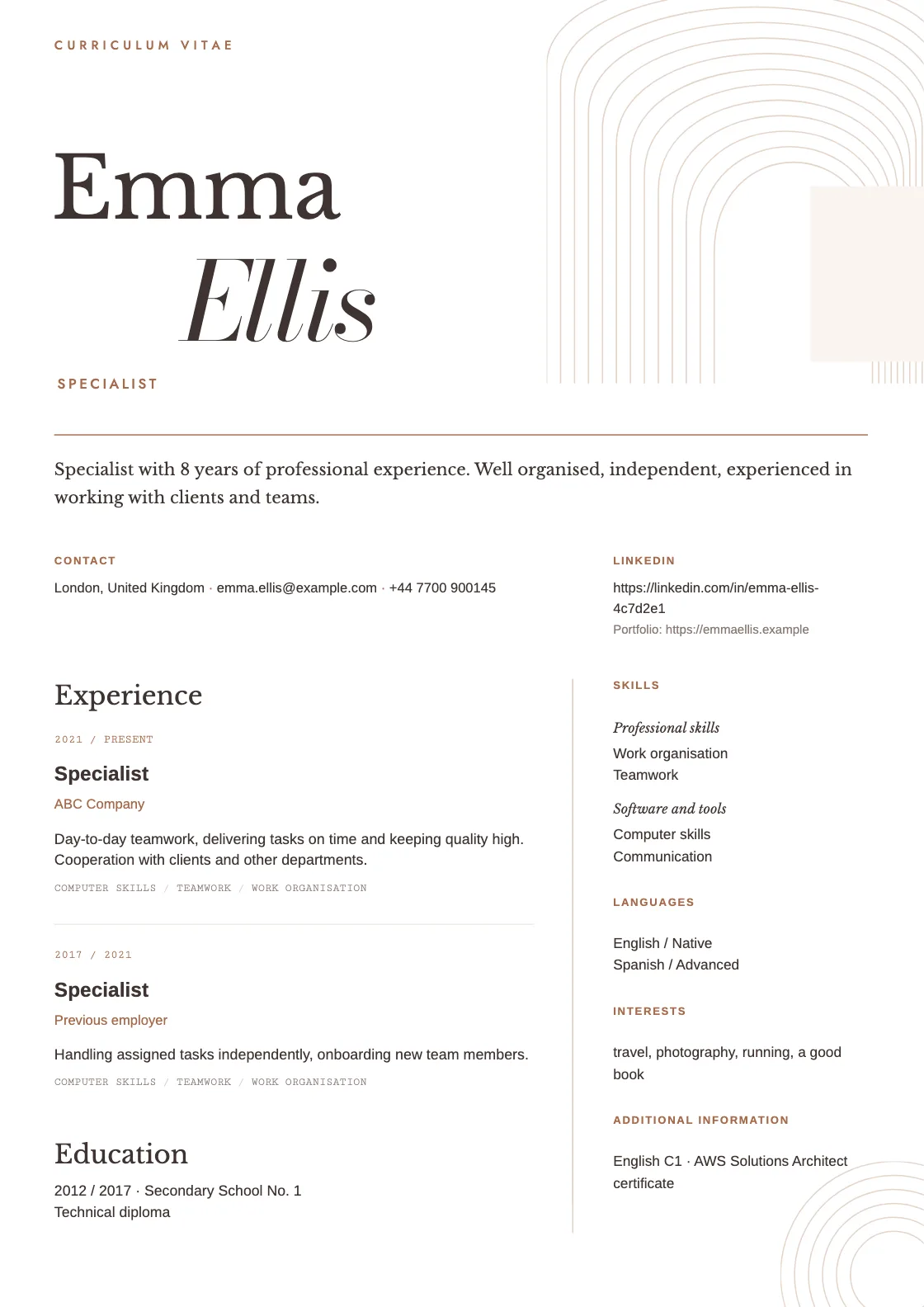 Arcade CV template, preview of the finished document