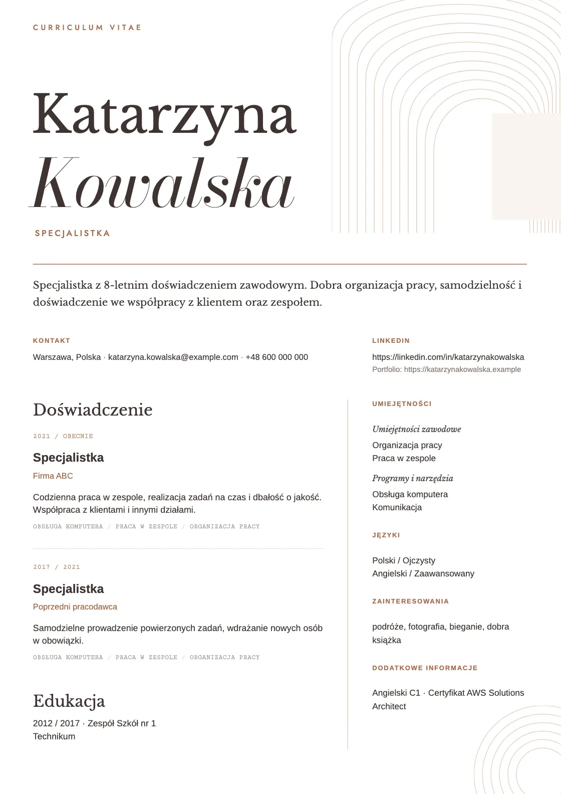 Wzór CV Arcade, podgląd gotowego dokumentu