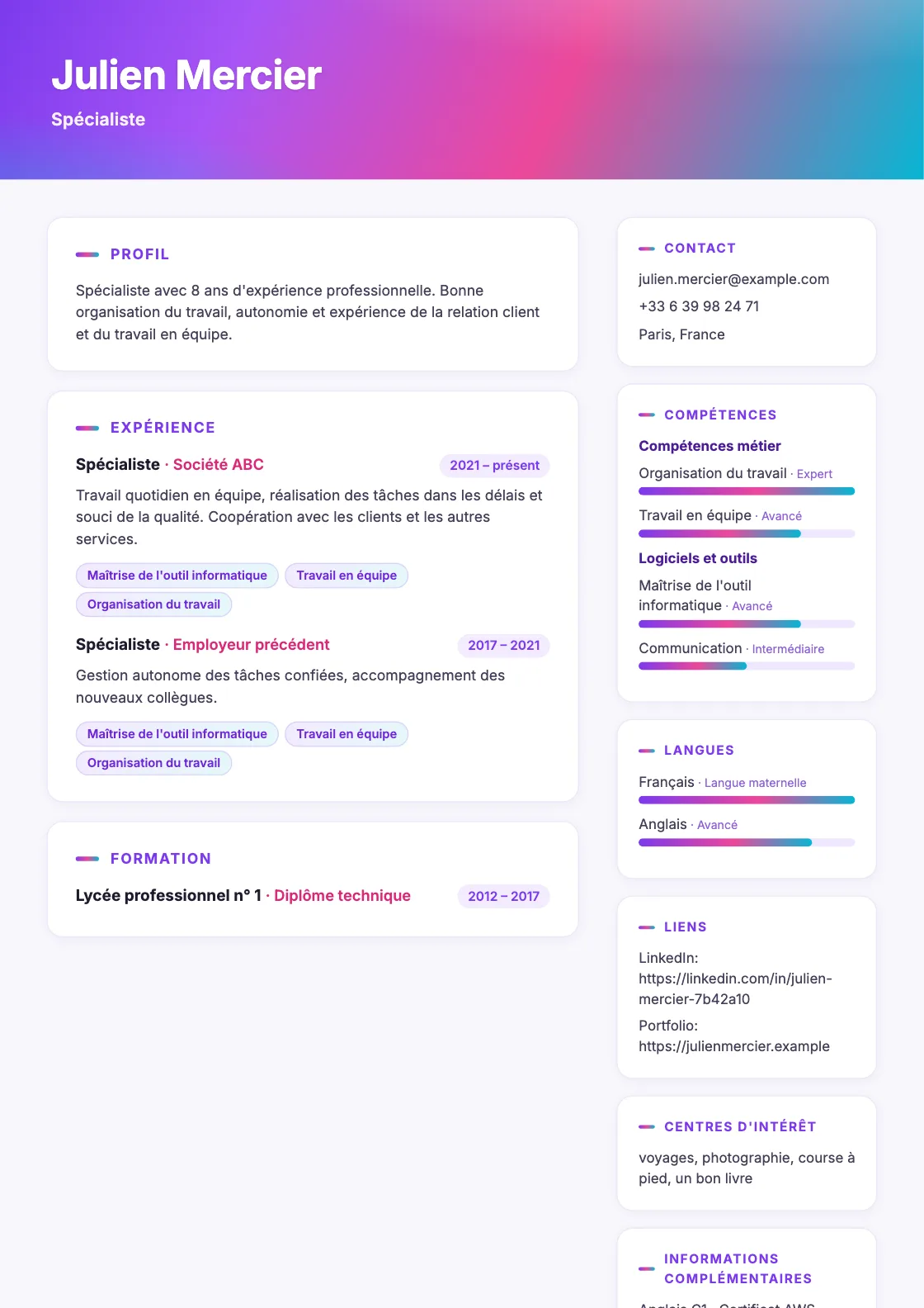 Modèle de CV Aurora, aperçu du document fini