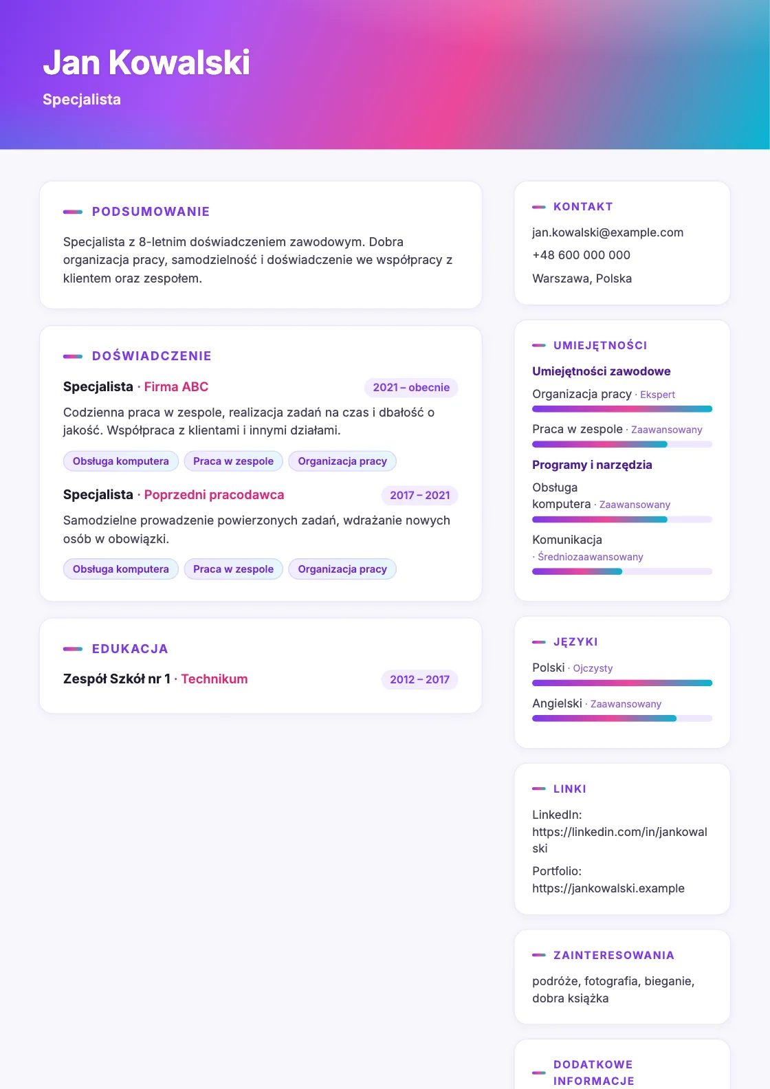 Wzór CV Aurora, podgląd gotowego dokumentu