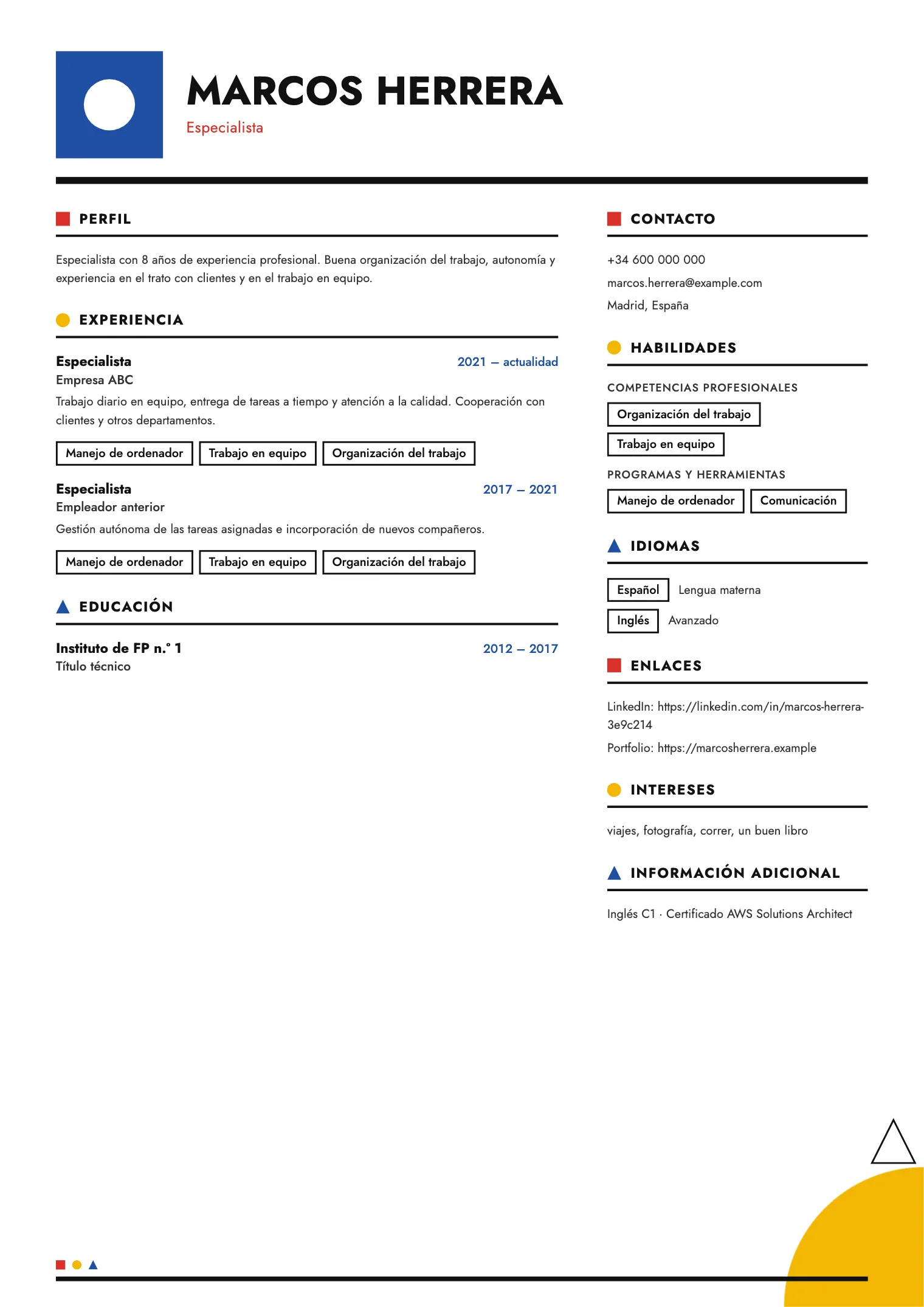 Plantilla de CV Bauhaus, vista previa del documento terminado