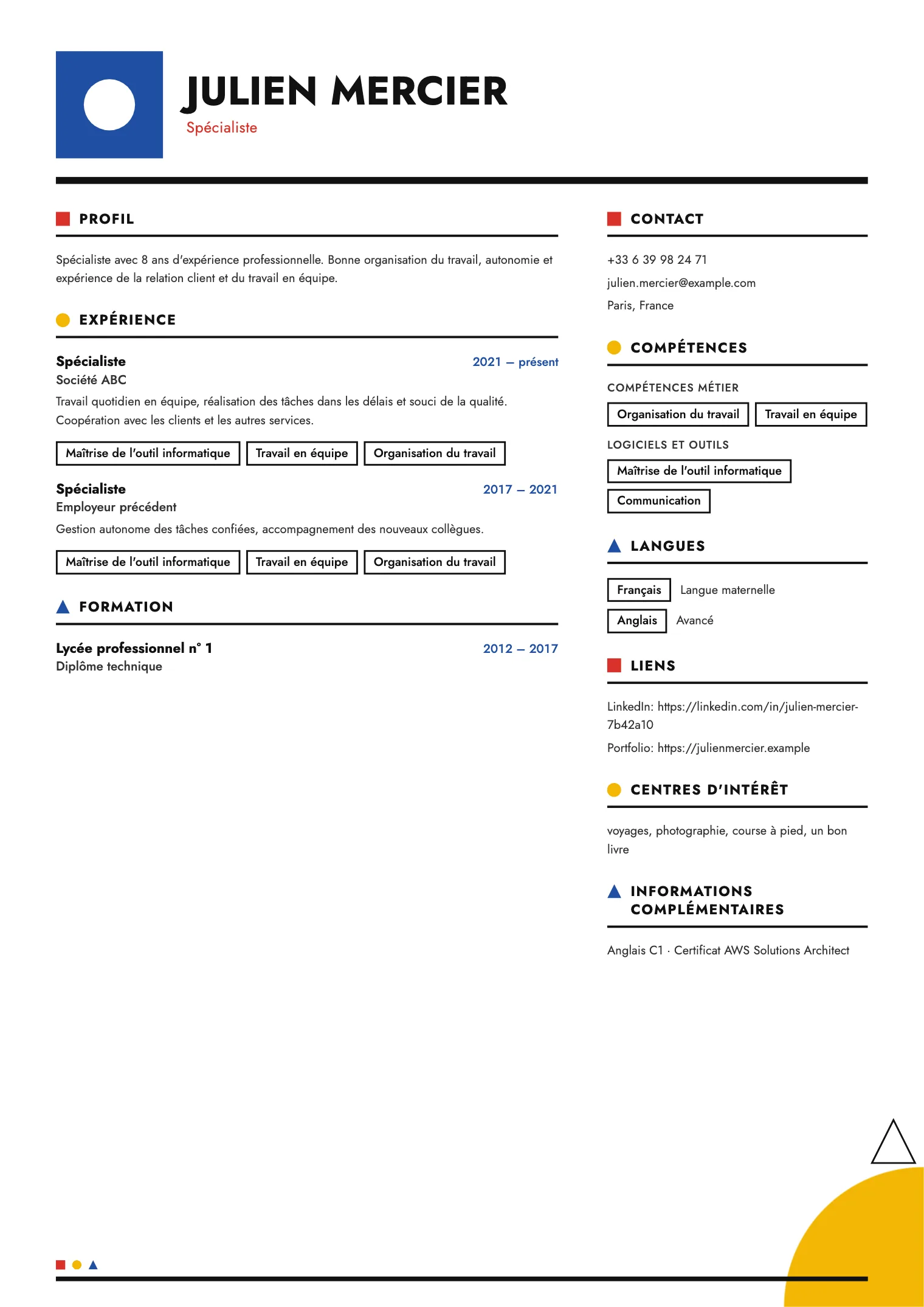 Modèle de CV Bauhaus, aperçu du document fini