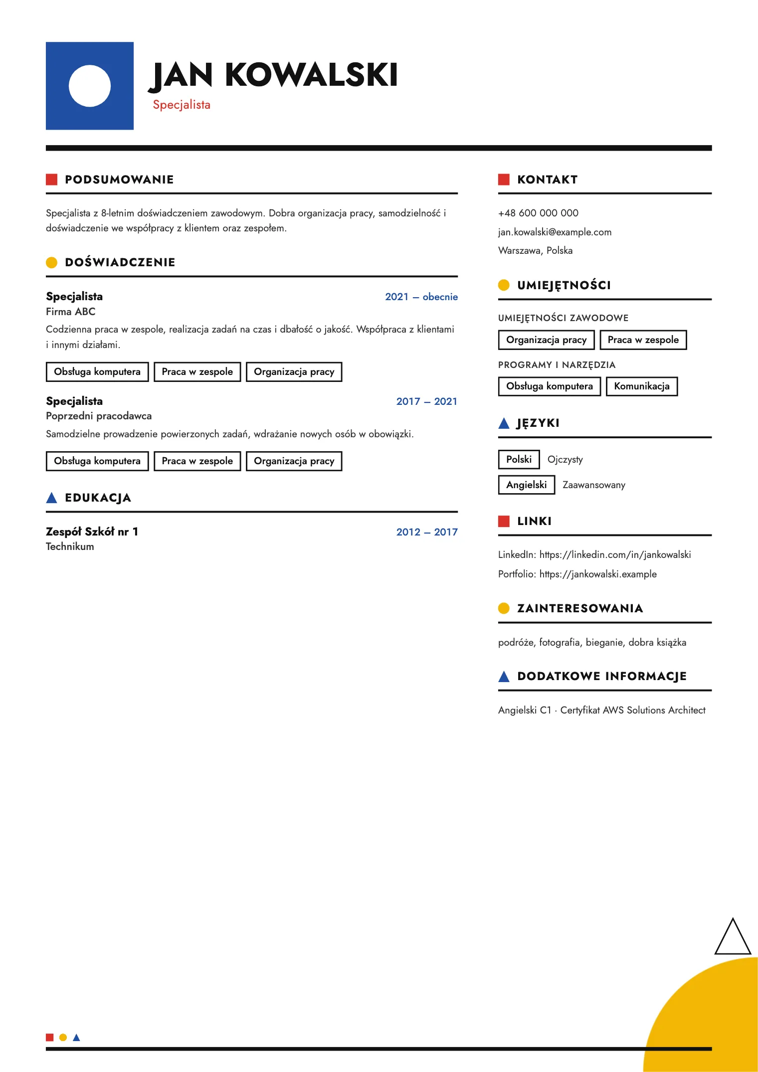 Wzór CV Bauhaus, podgląd gotowego dokumentu
