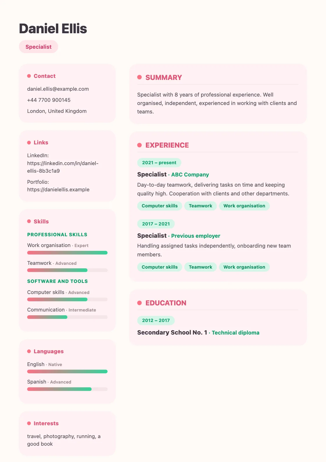 Bloom CV template, preview of the finished document