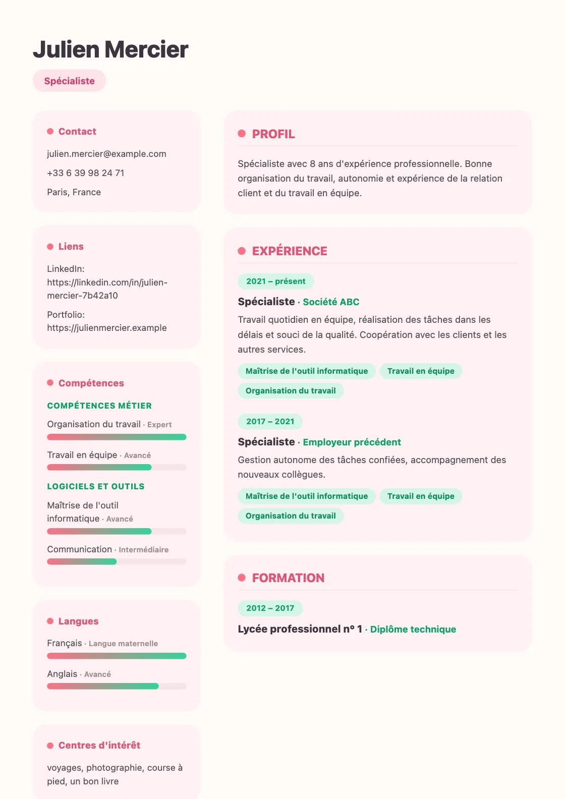 Modèle de CV Bloom, aperçu du document fini