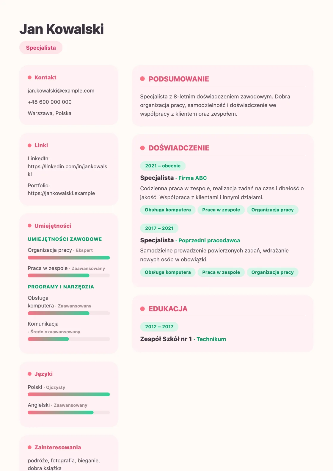 Wzór CV Bloom, podgląd gotowego dokumentu