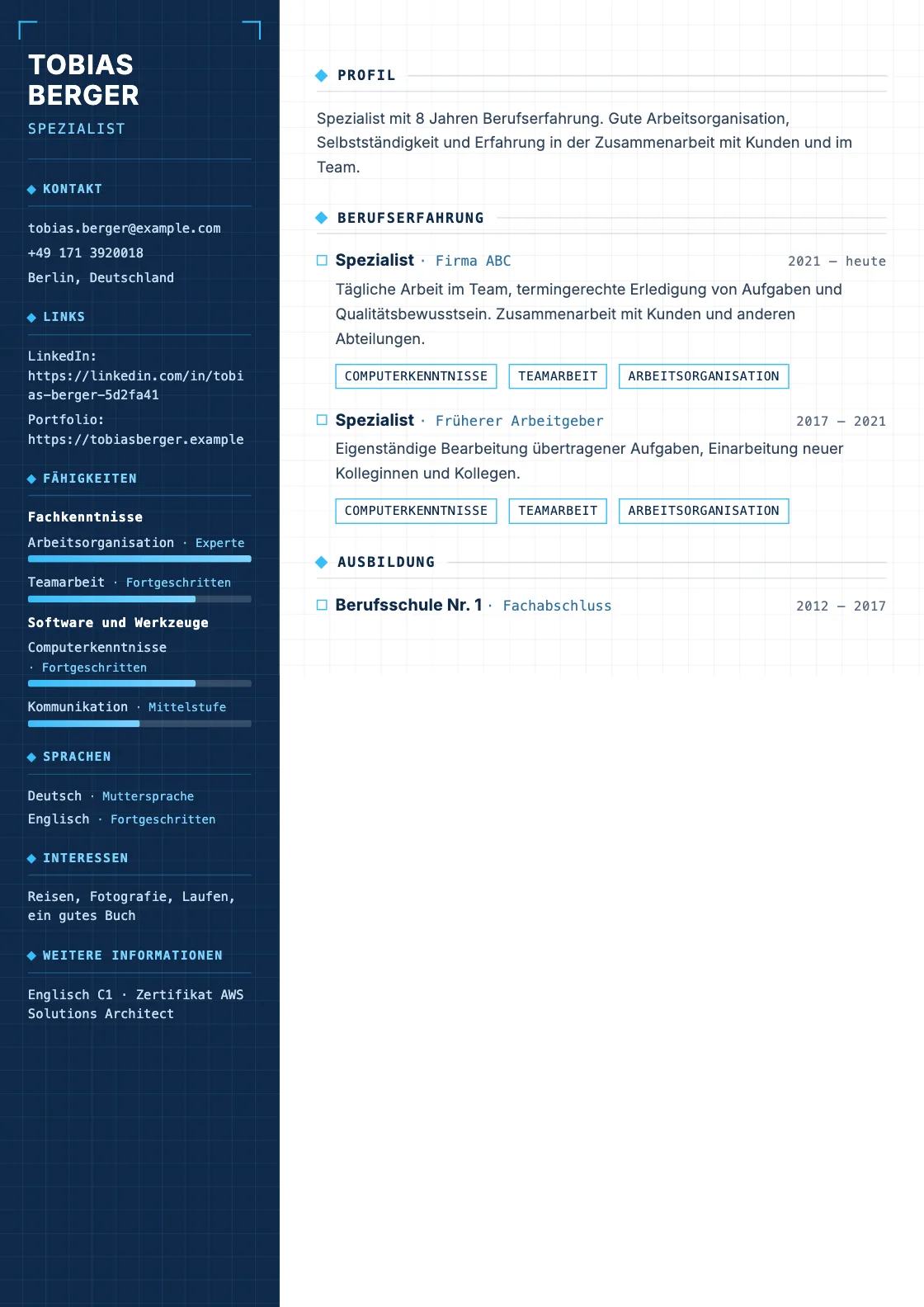 Lebenslauf Vorlage Blueprint, Vorschau des fertigen Dokuments