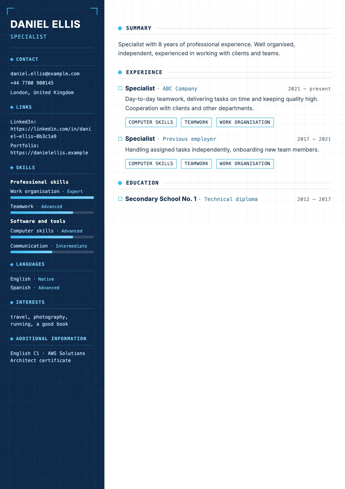 Blueprint CV template, preview of the finished document