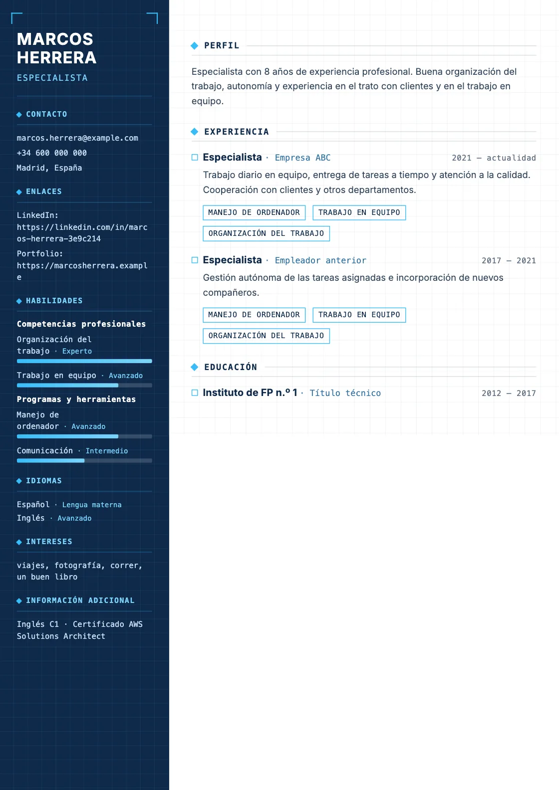 Plantilla de CV Blueprint, vista previa del documento terminado