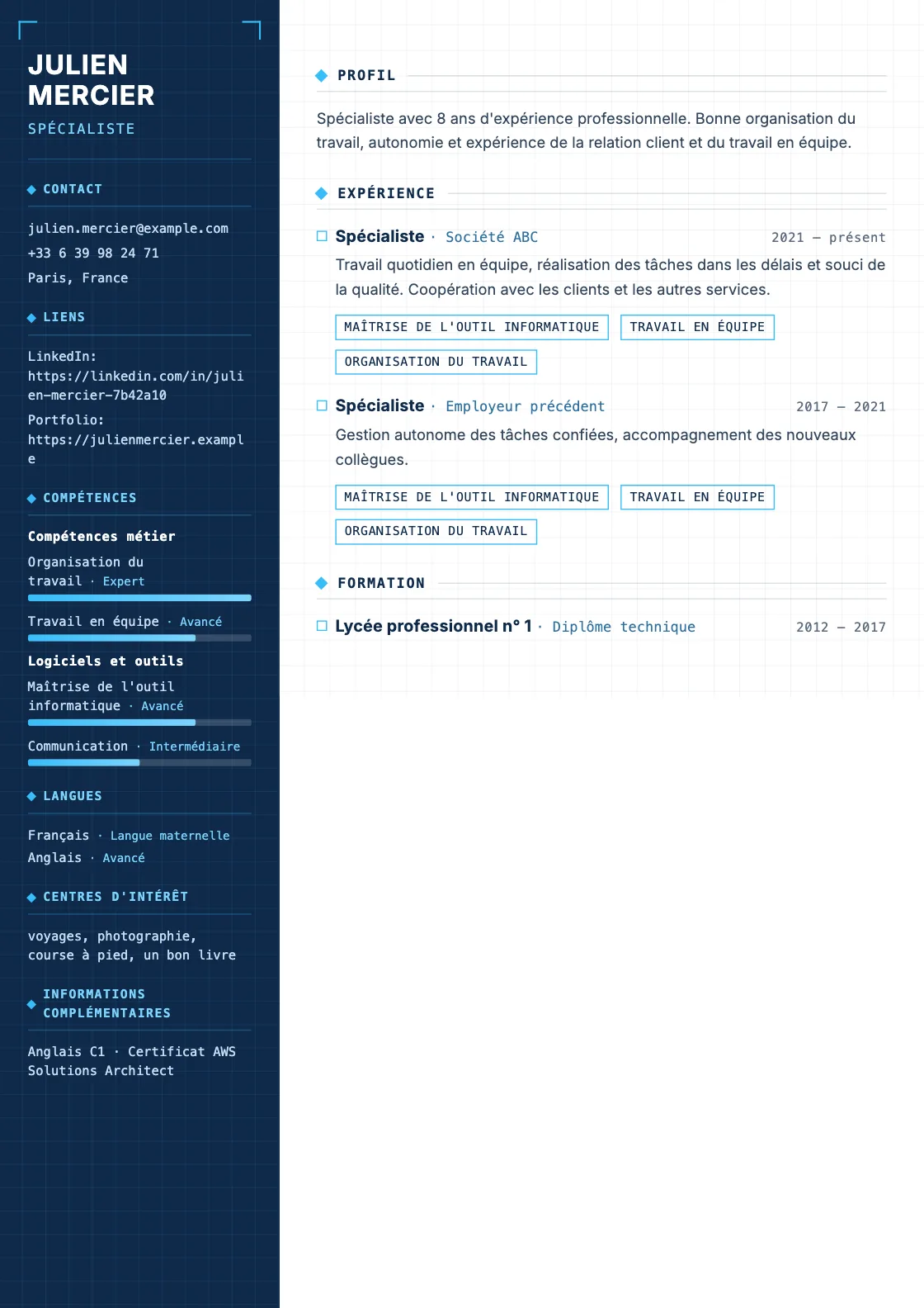 Modèle de CV Blueprint, aperçu du document fini