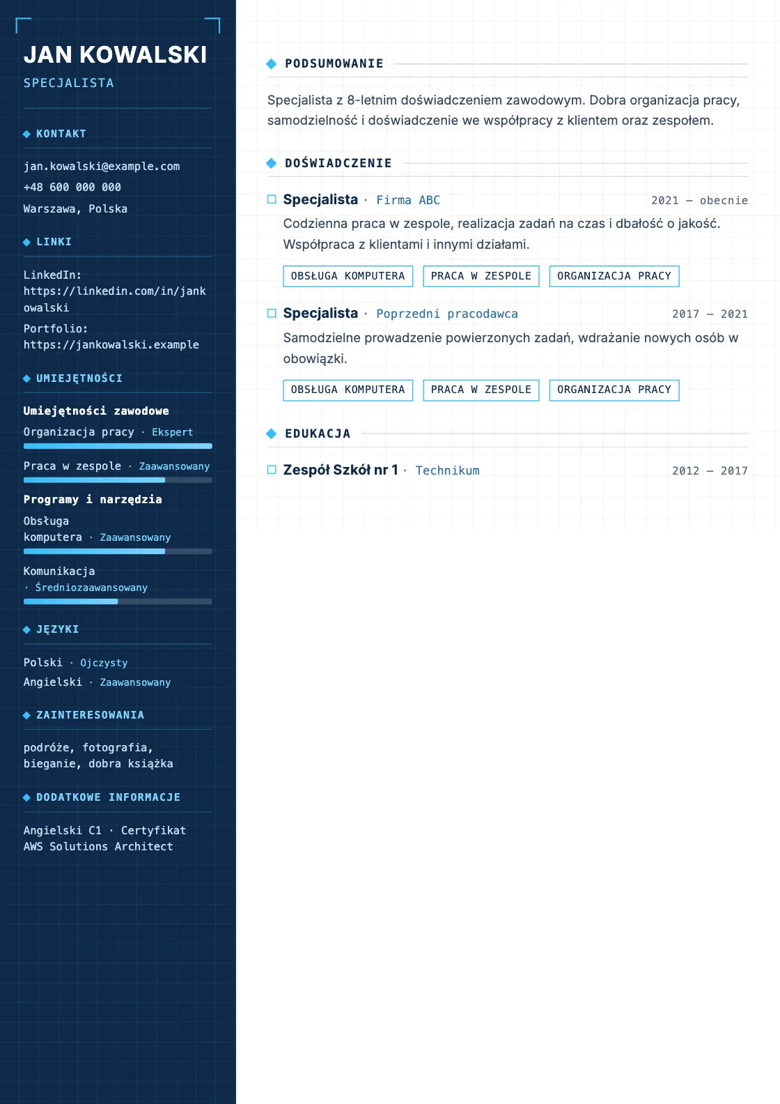 Wzór CV Blueprint, podgląd gotowego dokumentu
