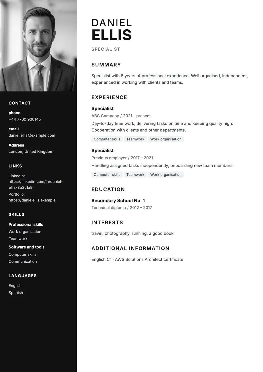 Canfield CV template, preview of the finished document