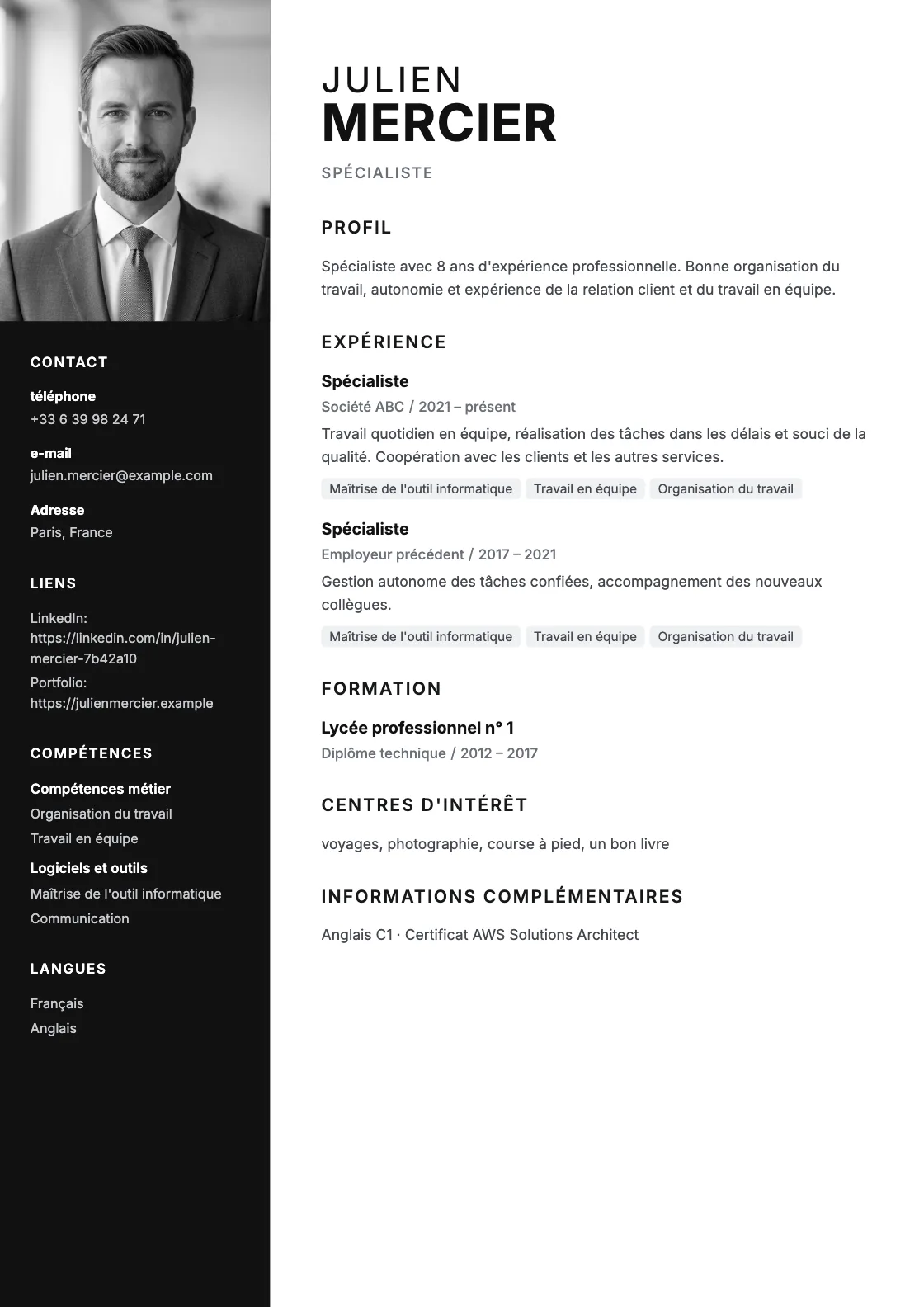 Modèle de CV Canfield, aperçu du document fini