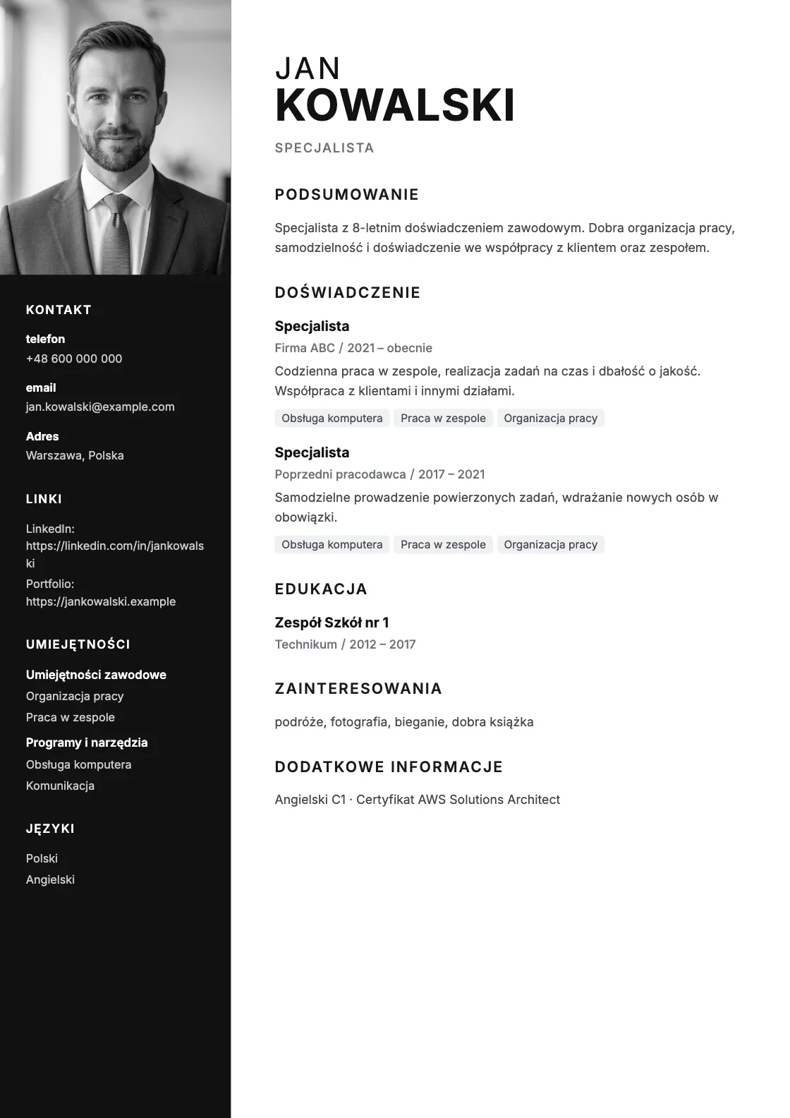 Wzór CV Canfield, podgląd gotowego dokumentu
