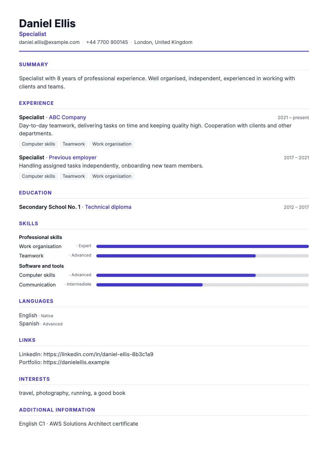 Classic CV template, preview of the finished document