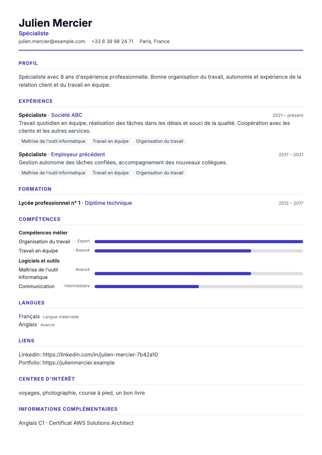 Modèle de CV Classic, aperçu du document fini