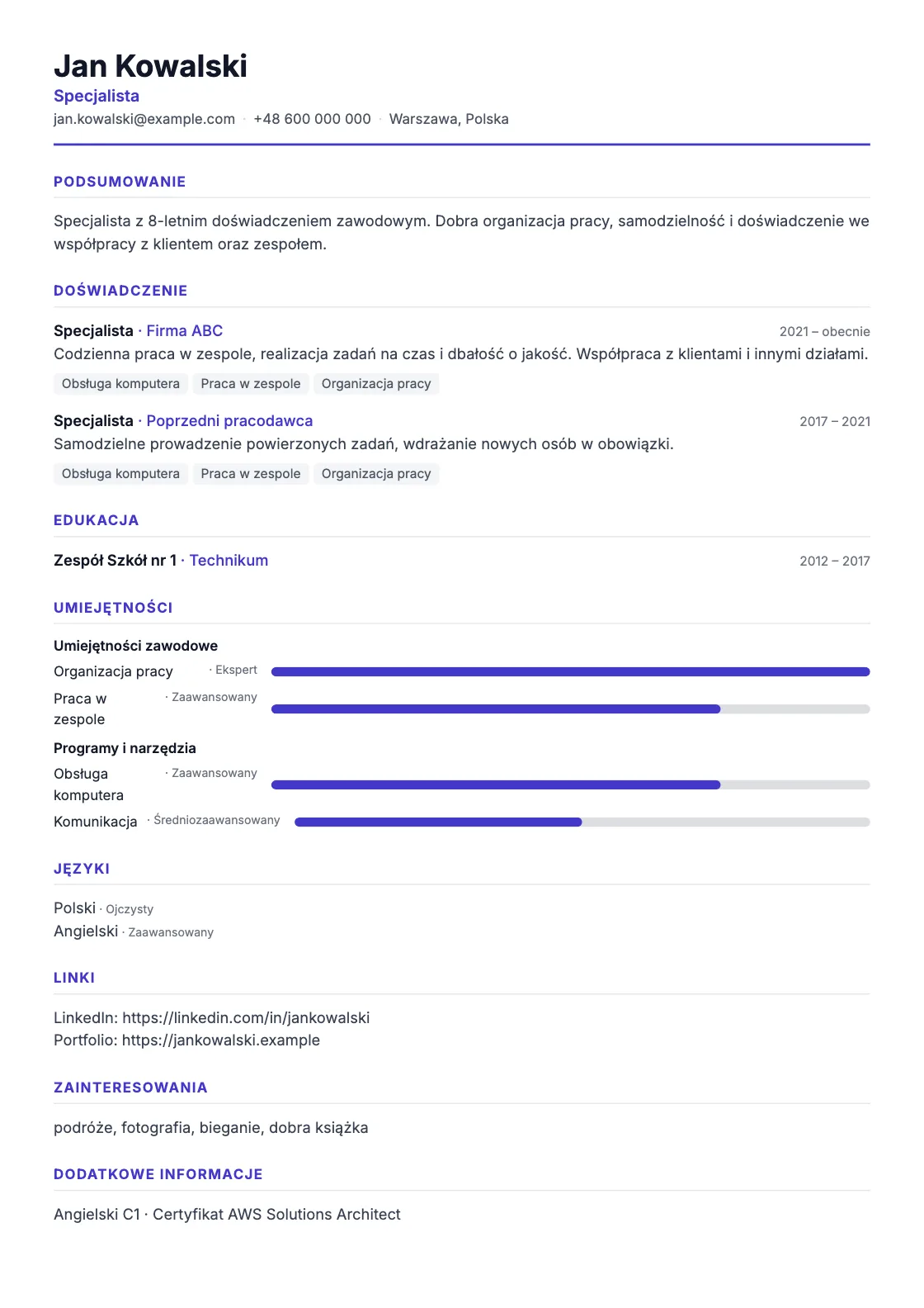 Wzór CV Classic, podgląd gotowego dokumentu