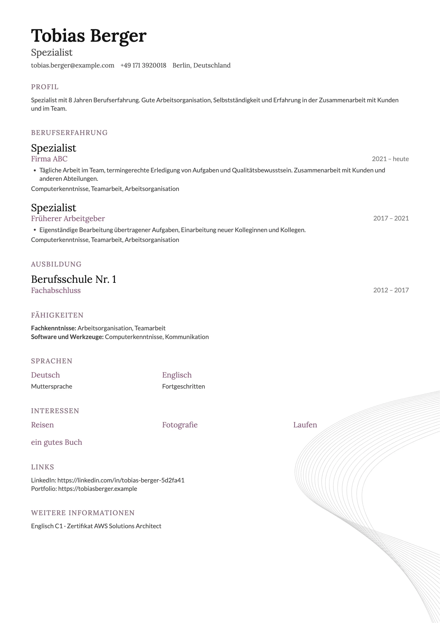 Lebenslauf Vorlage Contour, Vorschau des fertigen Dokuments