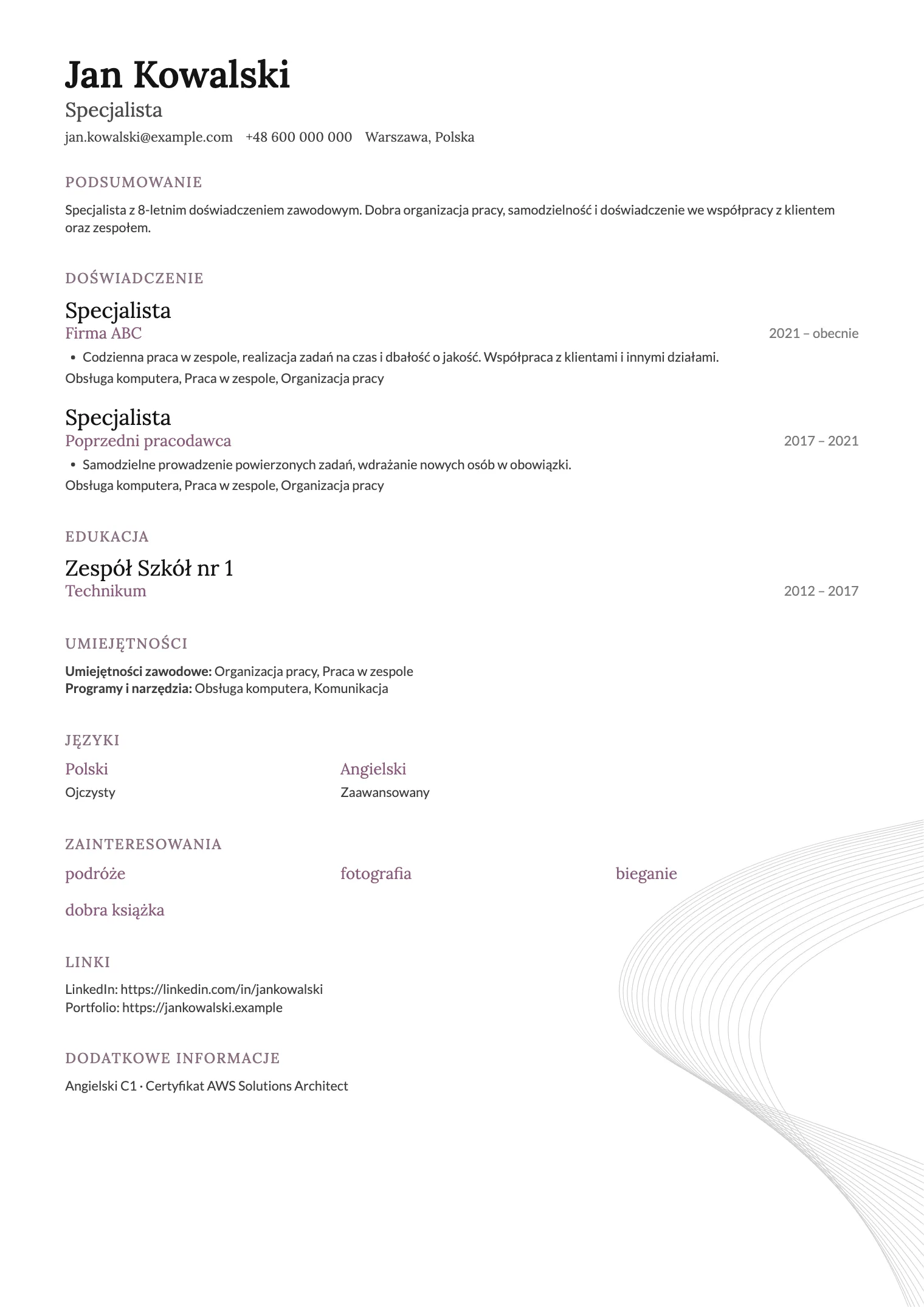 Wzór CV Contour, podgląd gotowego dokumentu