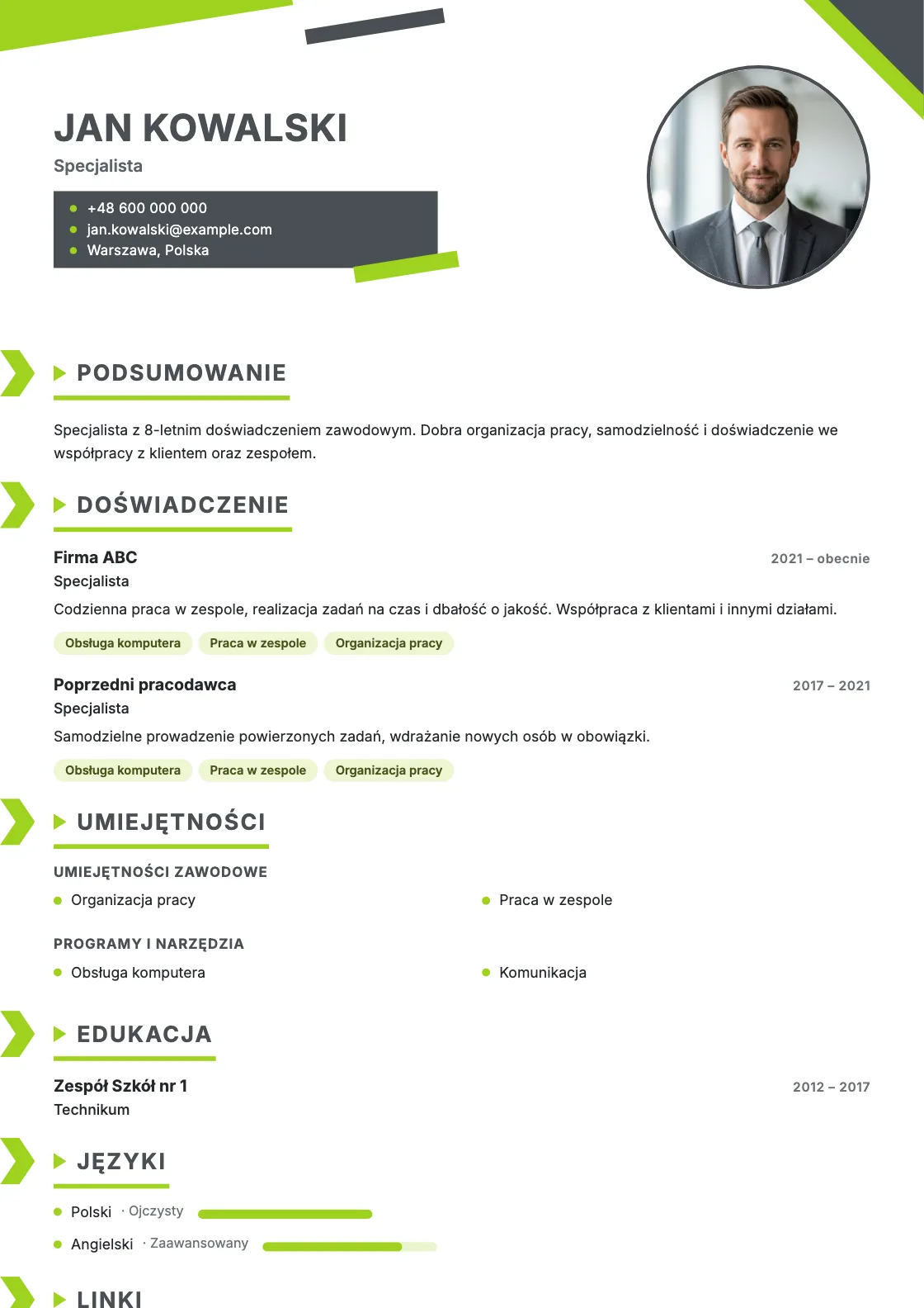Wzór CV Courier, podgląd gotowego dokumentu