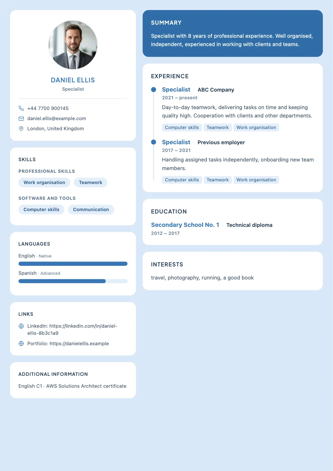 Creative Grid CV template, preview of the finished document