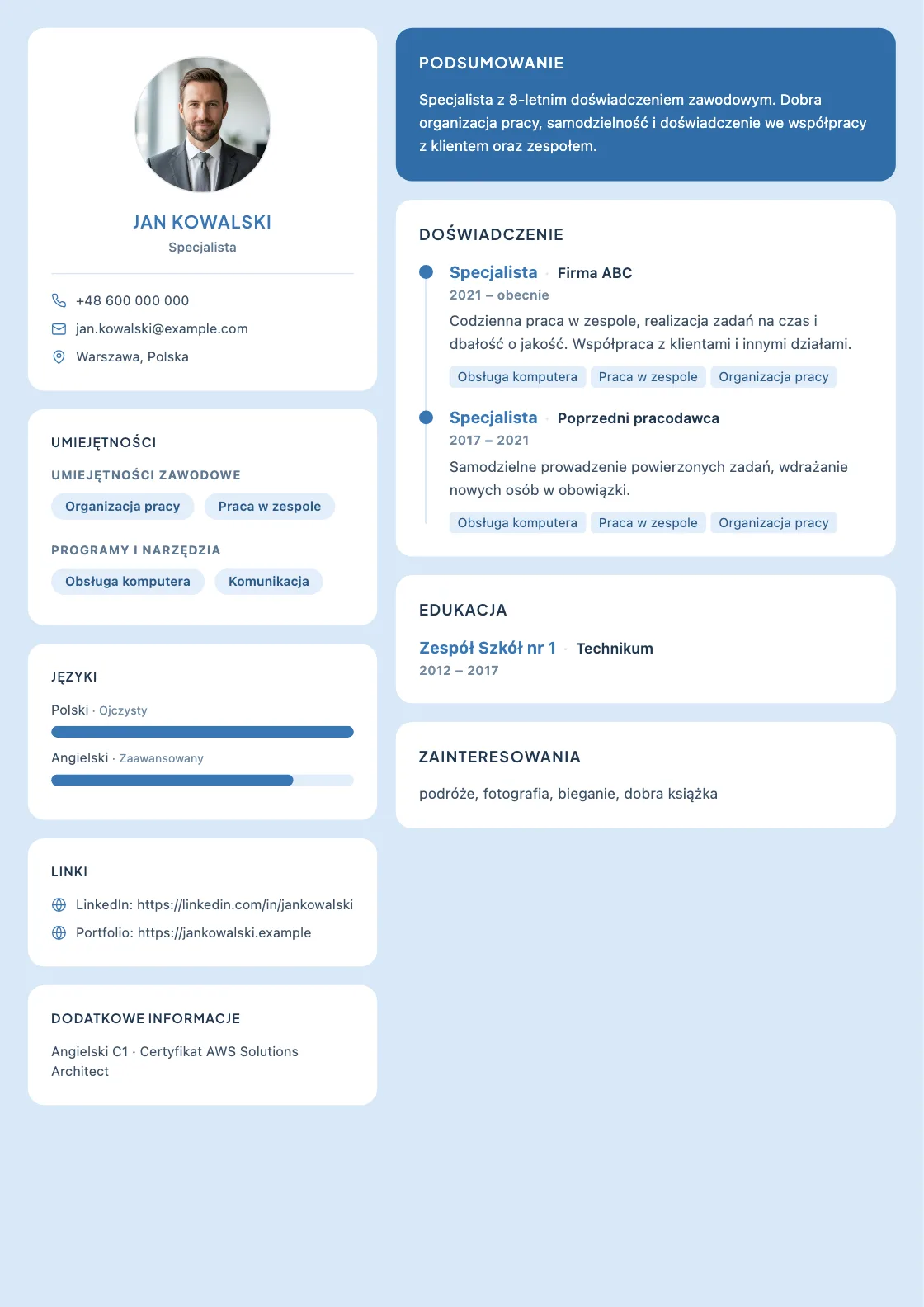 Wzór CV Creative Grid, podgląd gotowego dokumentu