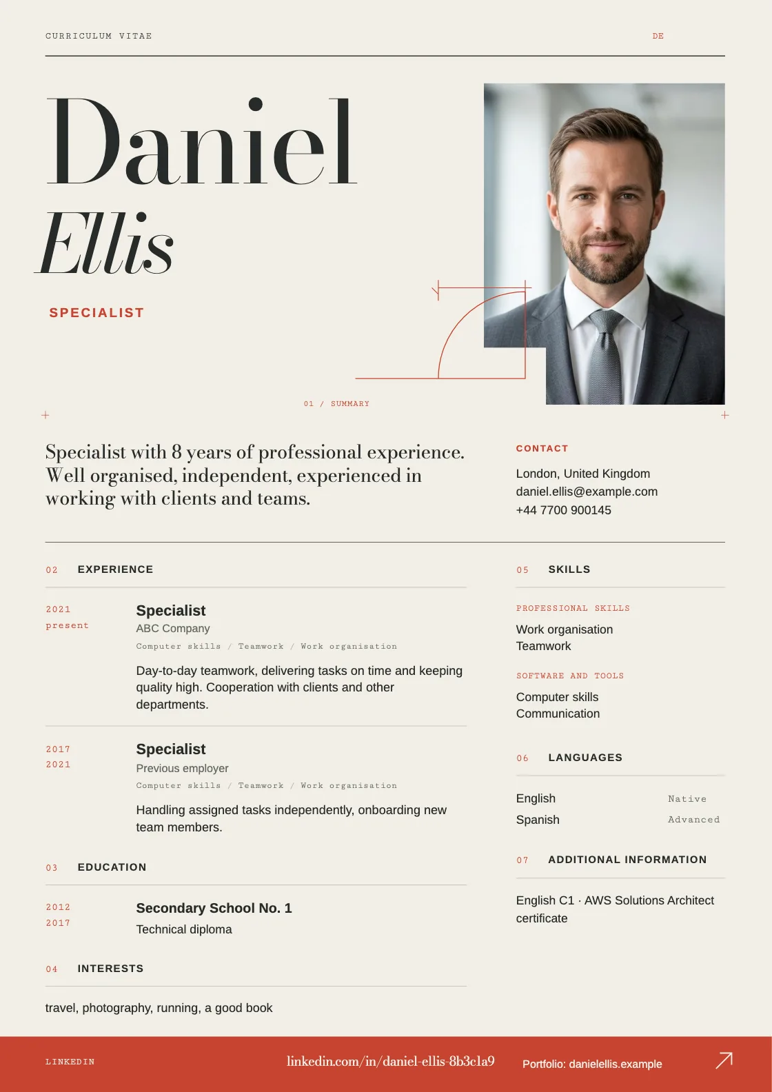 Cross Section CV template, preview of the finished document