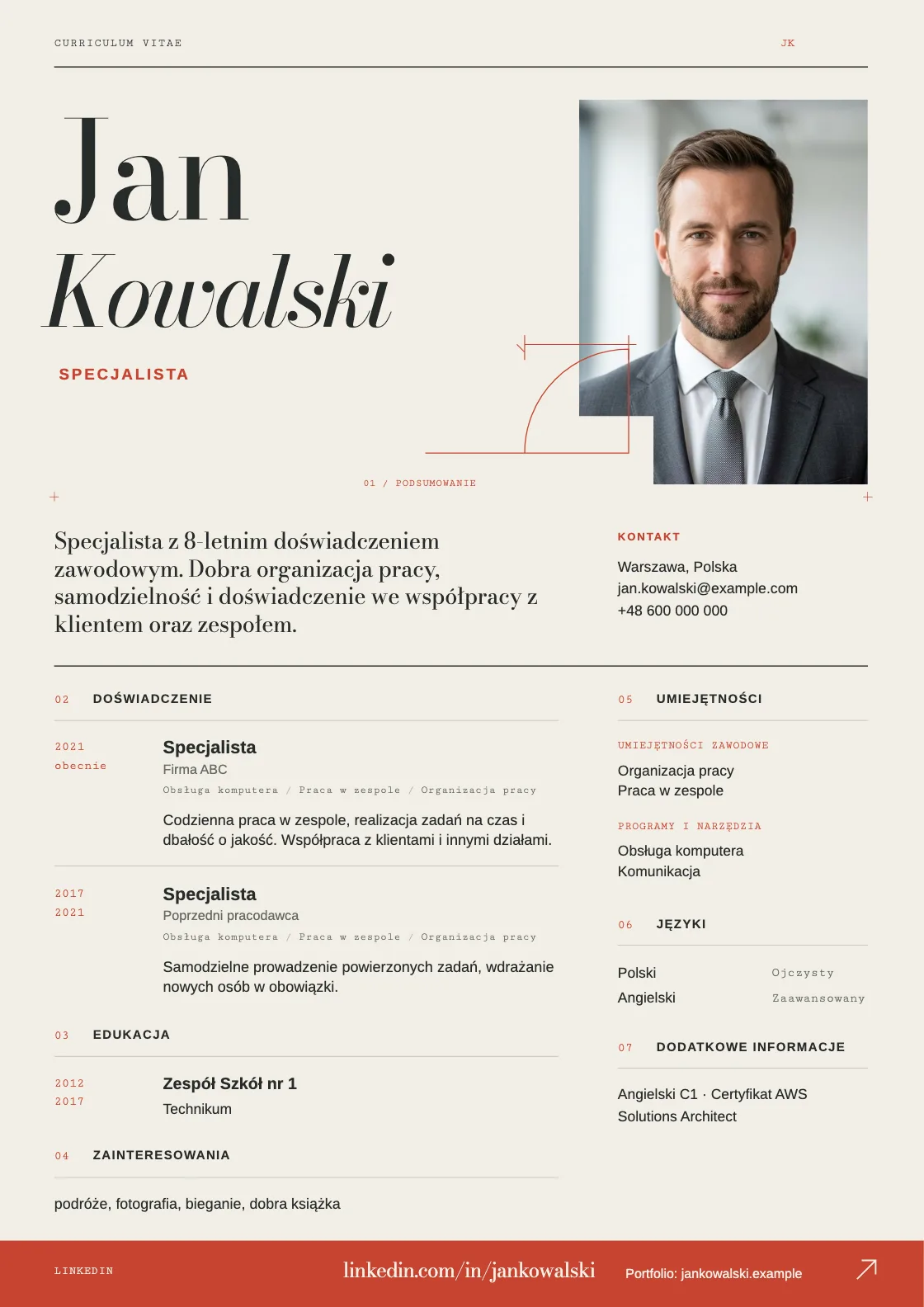 Wzór CV Cross Section, podgląd gotowego dokumentu