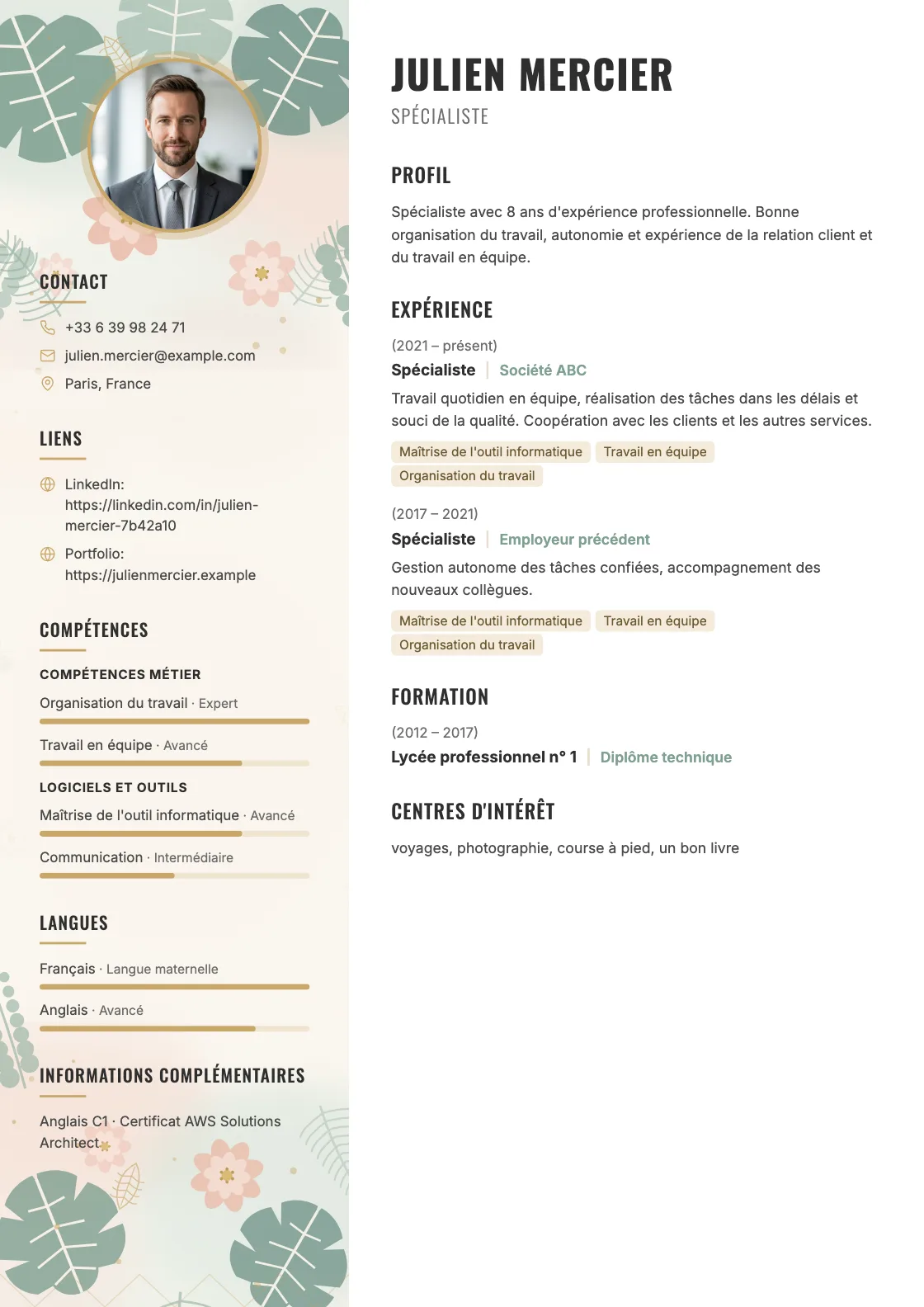 Modèle de CV Flora, aperçu du document fini