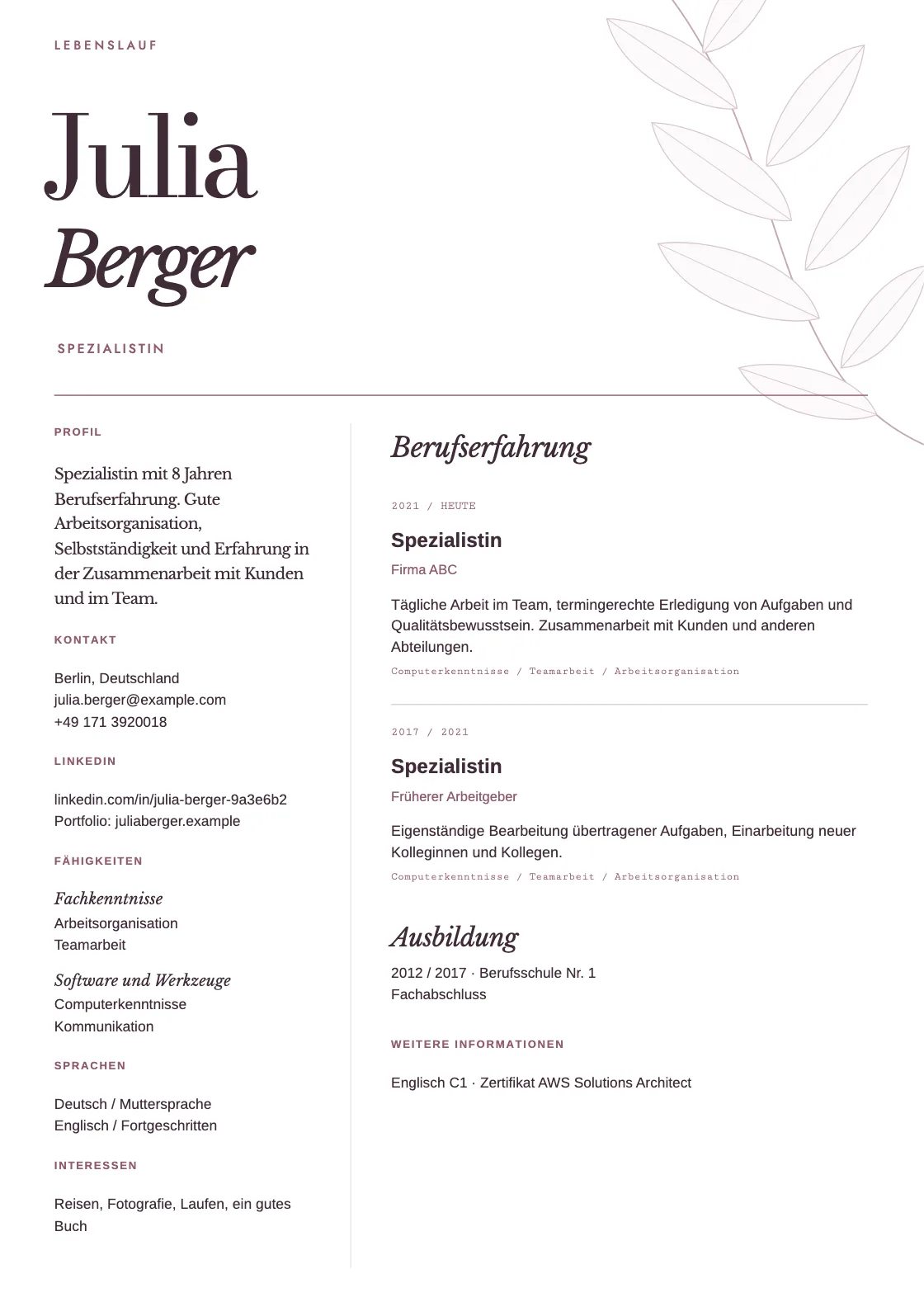 Lebenslauf Vorlage Foliage, Vorschau des fertigen Dokuments