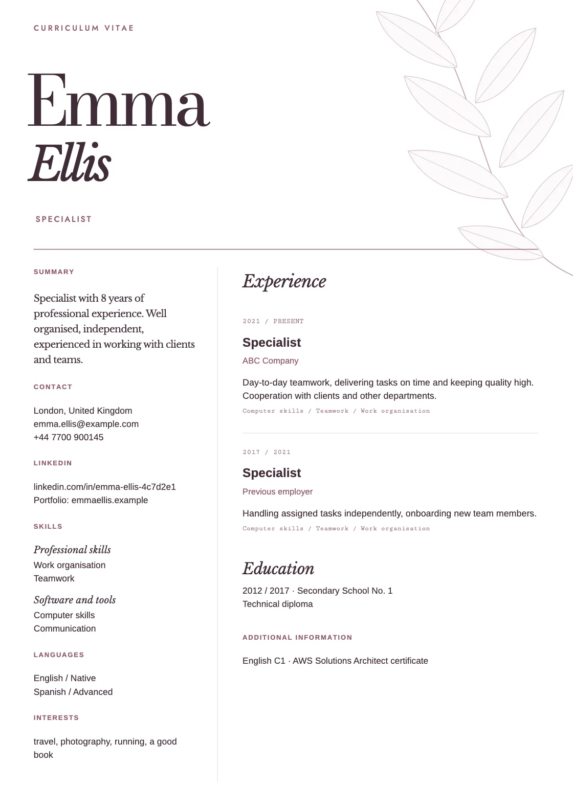Foliage CV template, preview of the finished document