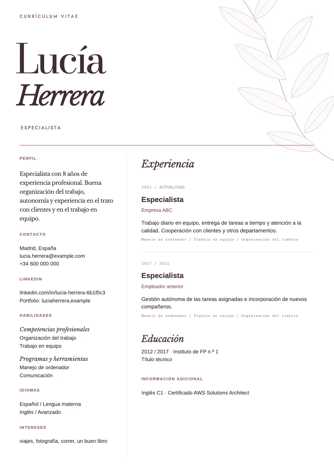 Plantilla de CV Foliage, vista previa del documento terminado