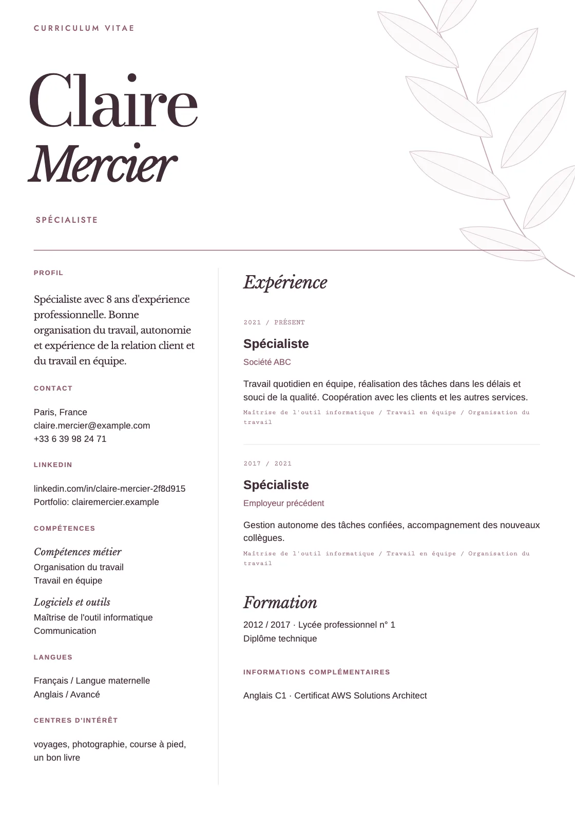 Modèle de CV Foliage, aperçu du document fini