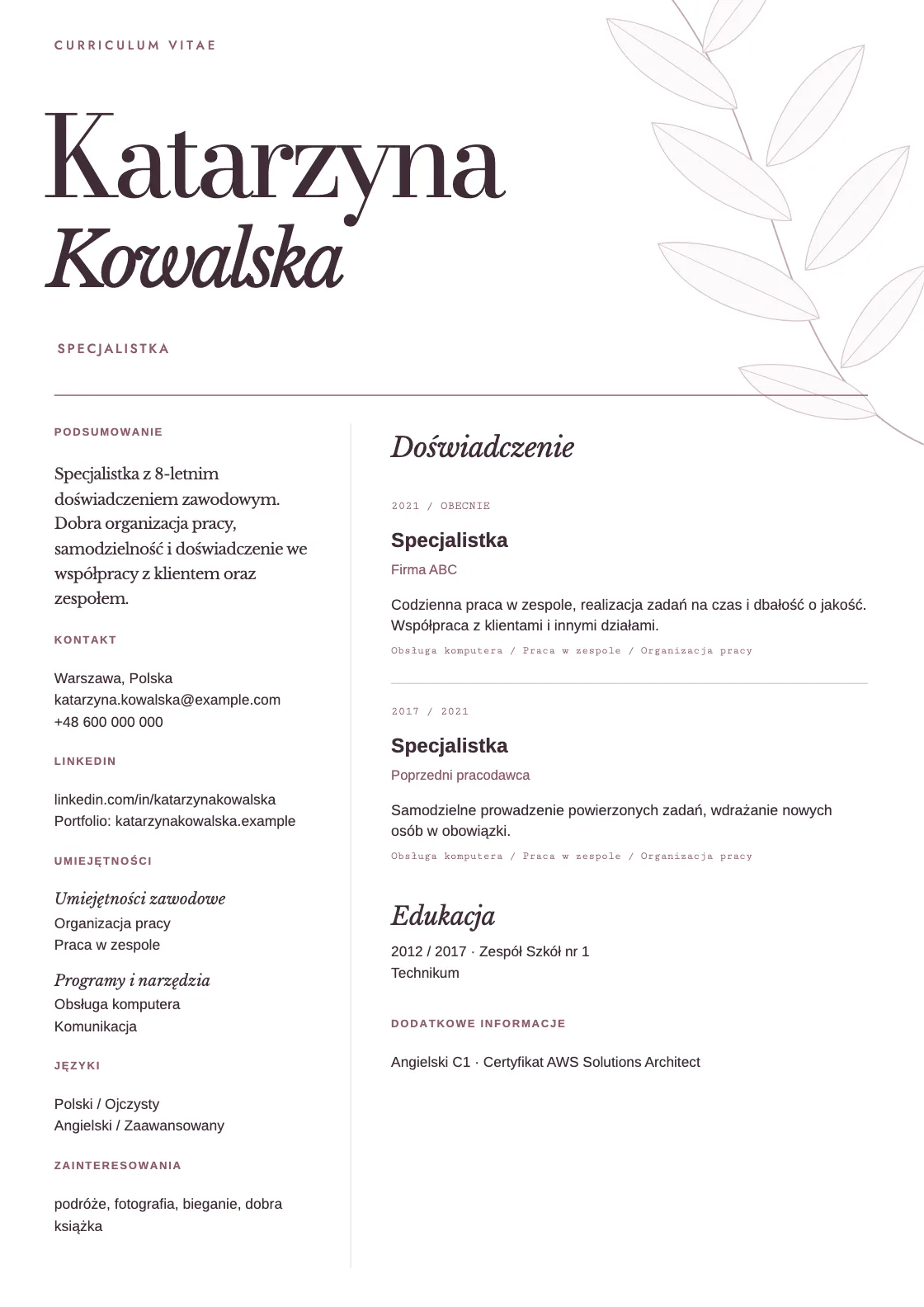Wzór CV Foliage, podgląd gotowego dokumentu