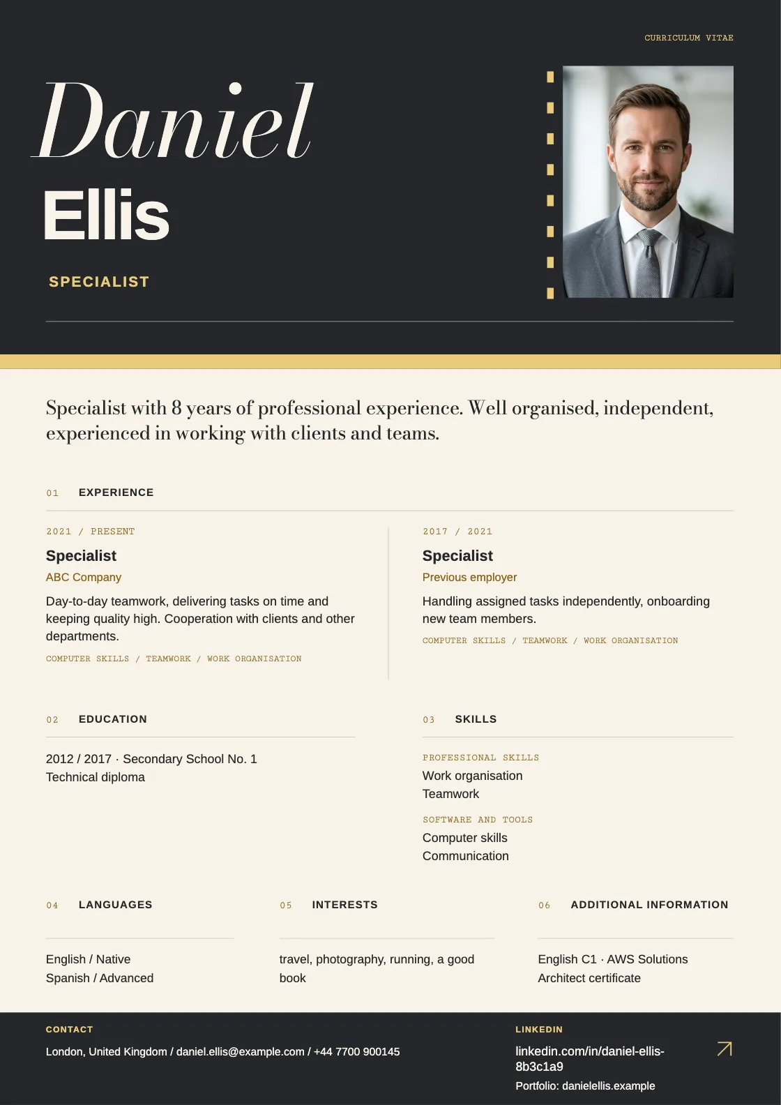 Frame CV template, preview of the finished document