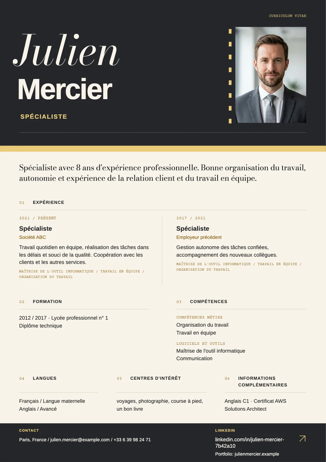 Modèle de CV Frame, aperçu du document fini