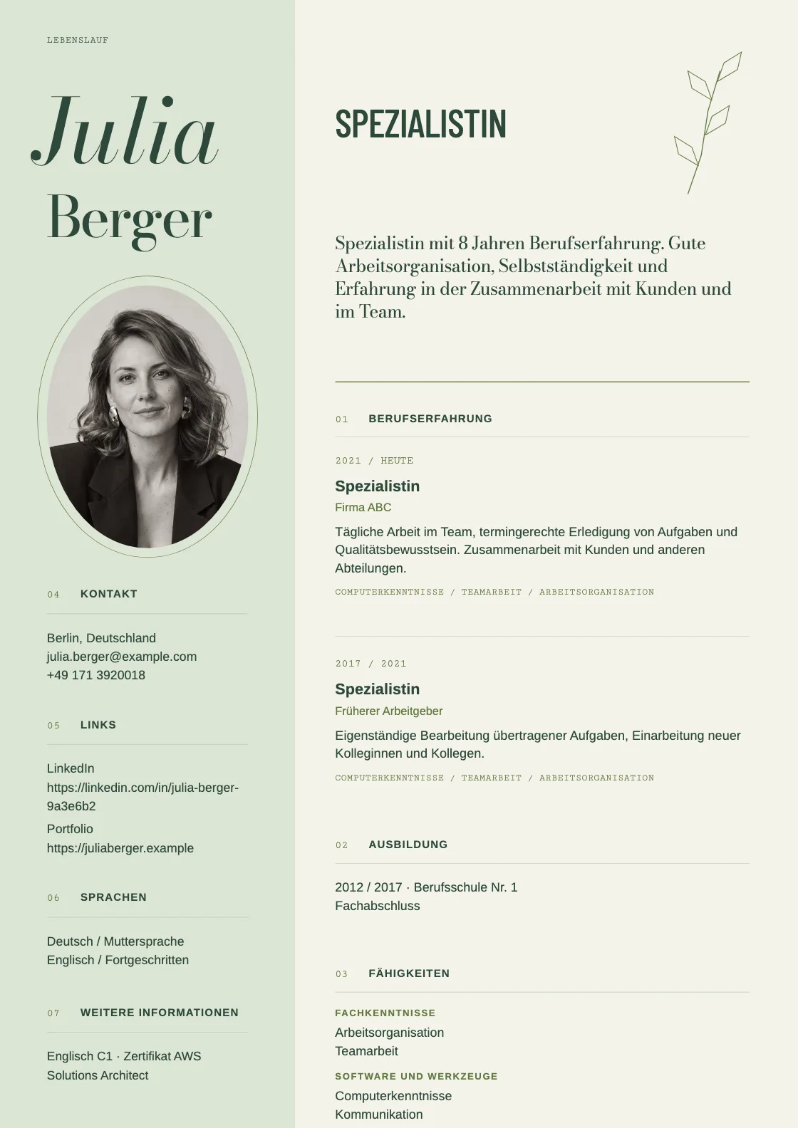 Lebenslauf Vorlage Herbarium, Vorschau des fertigen Dokuments