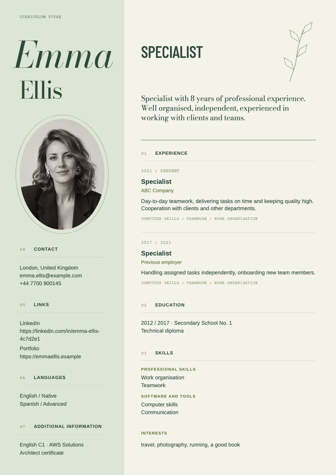 Herbarium CV template, preview of the finished document