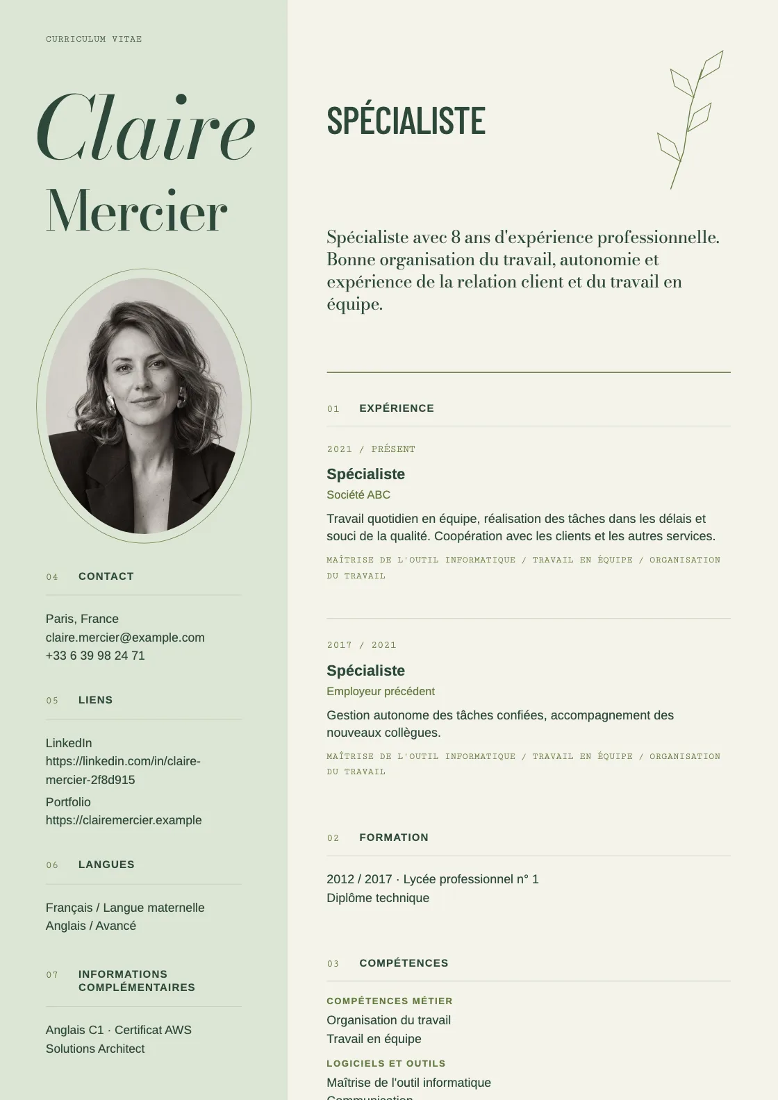 Modèle de CV Herbarium, aperçu du document fini