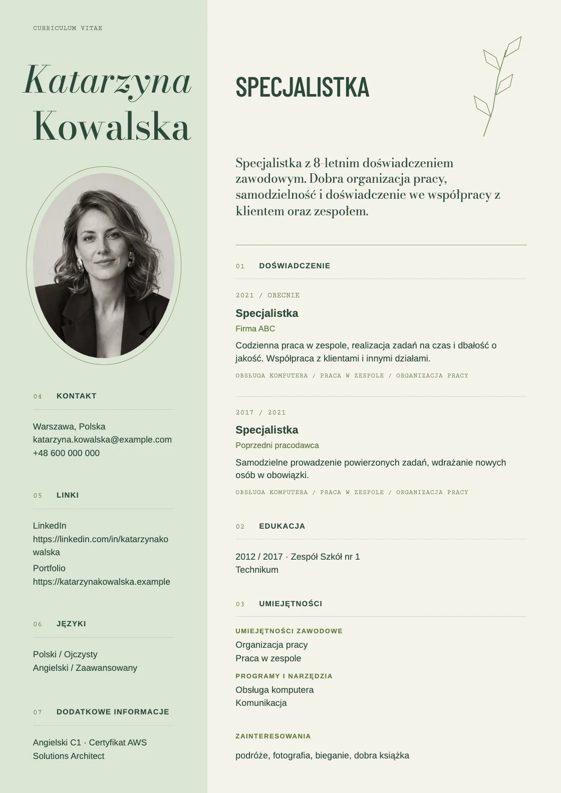 Wzór CV Herbarium, podgląd gotowego dokumentu