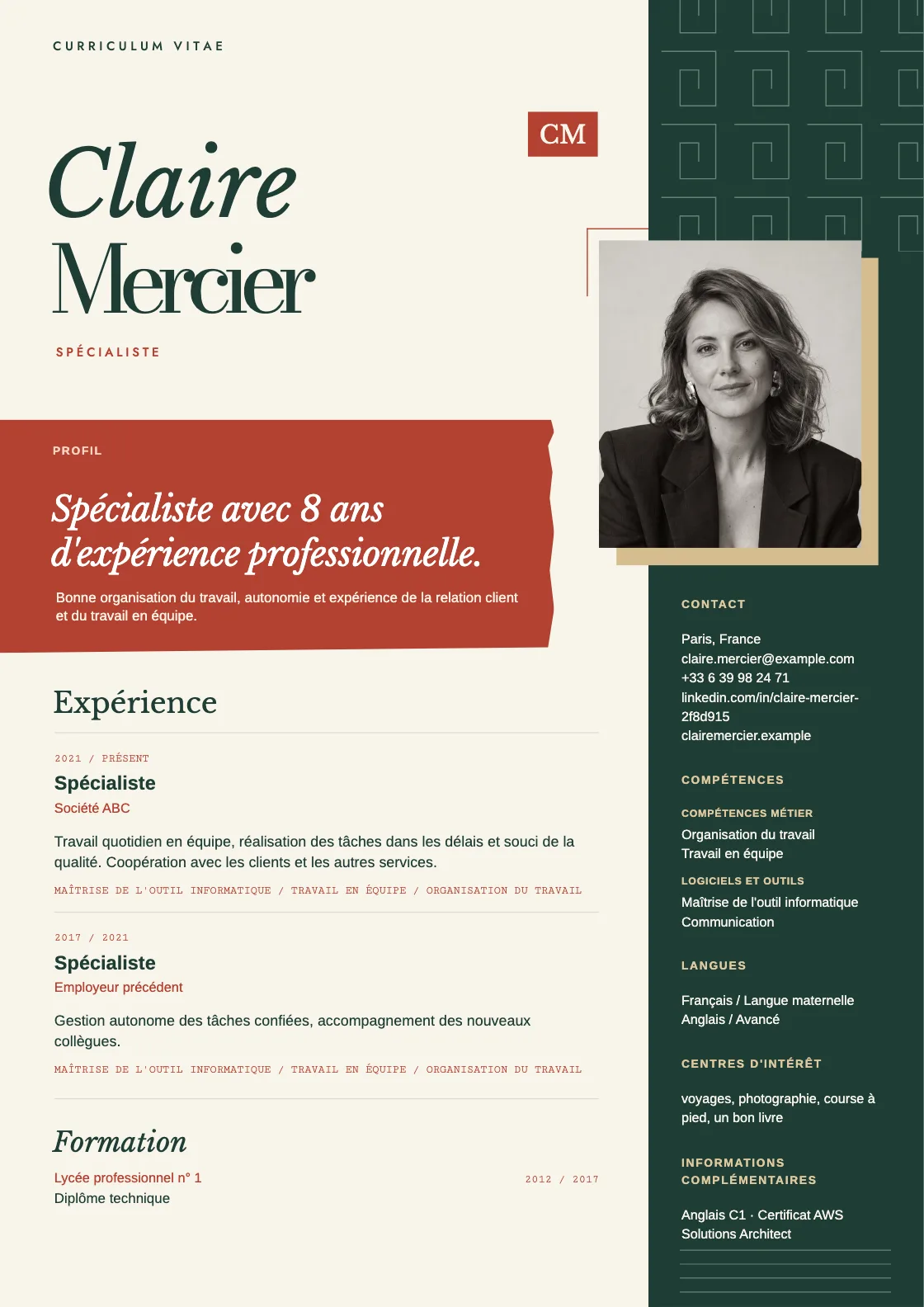 Modèle de CV Jade, aperçu du document fini