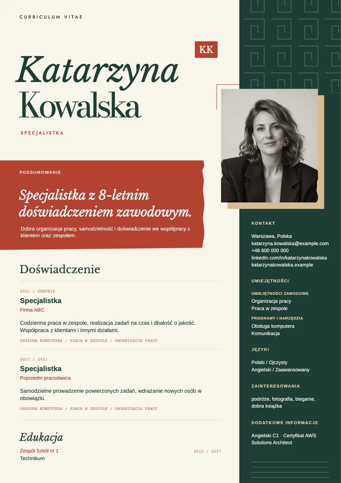 Wzór CV Jade, podgląd gotowego dokumentu