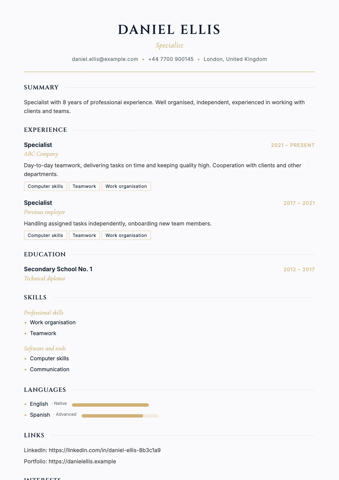 Lex CV template, preview of the finished document