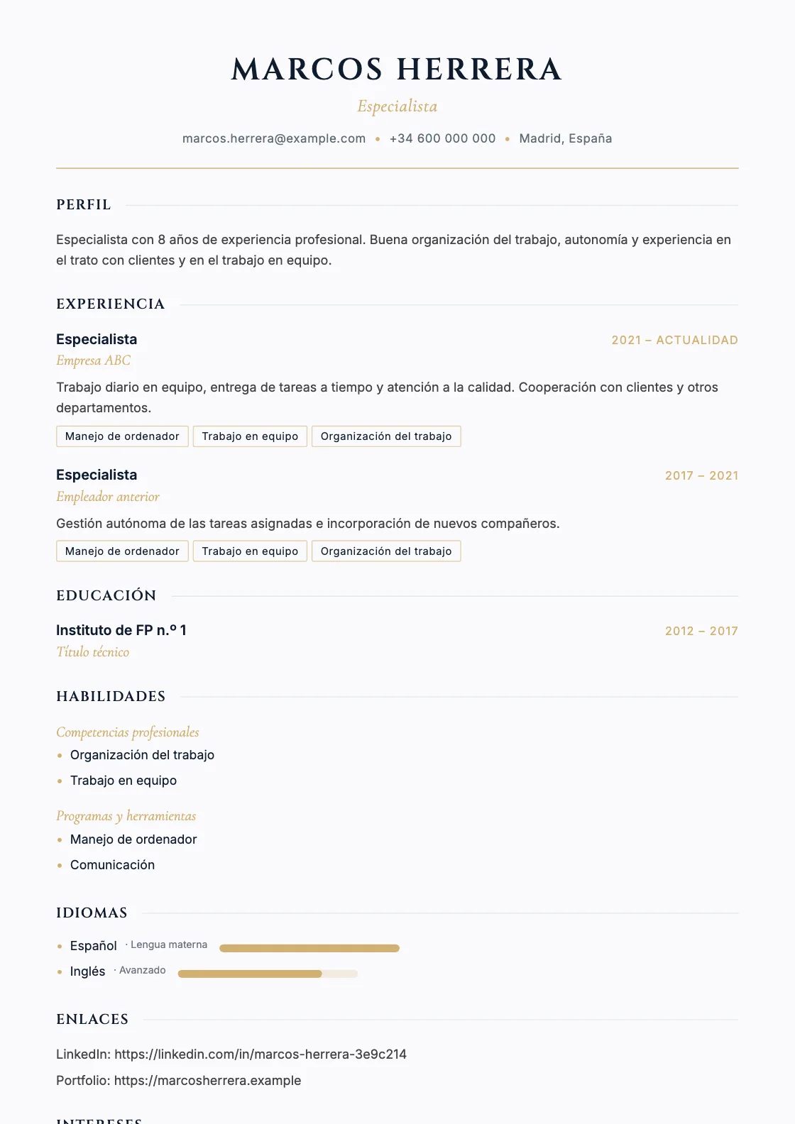 Plantilla de CV Lex, vista previa del documento terminado