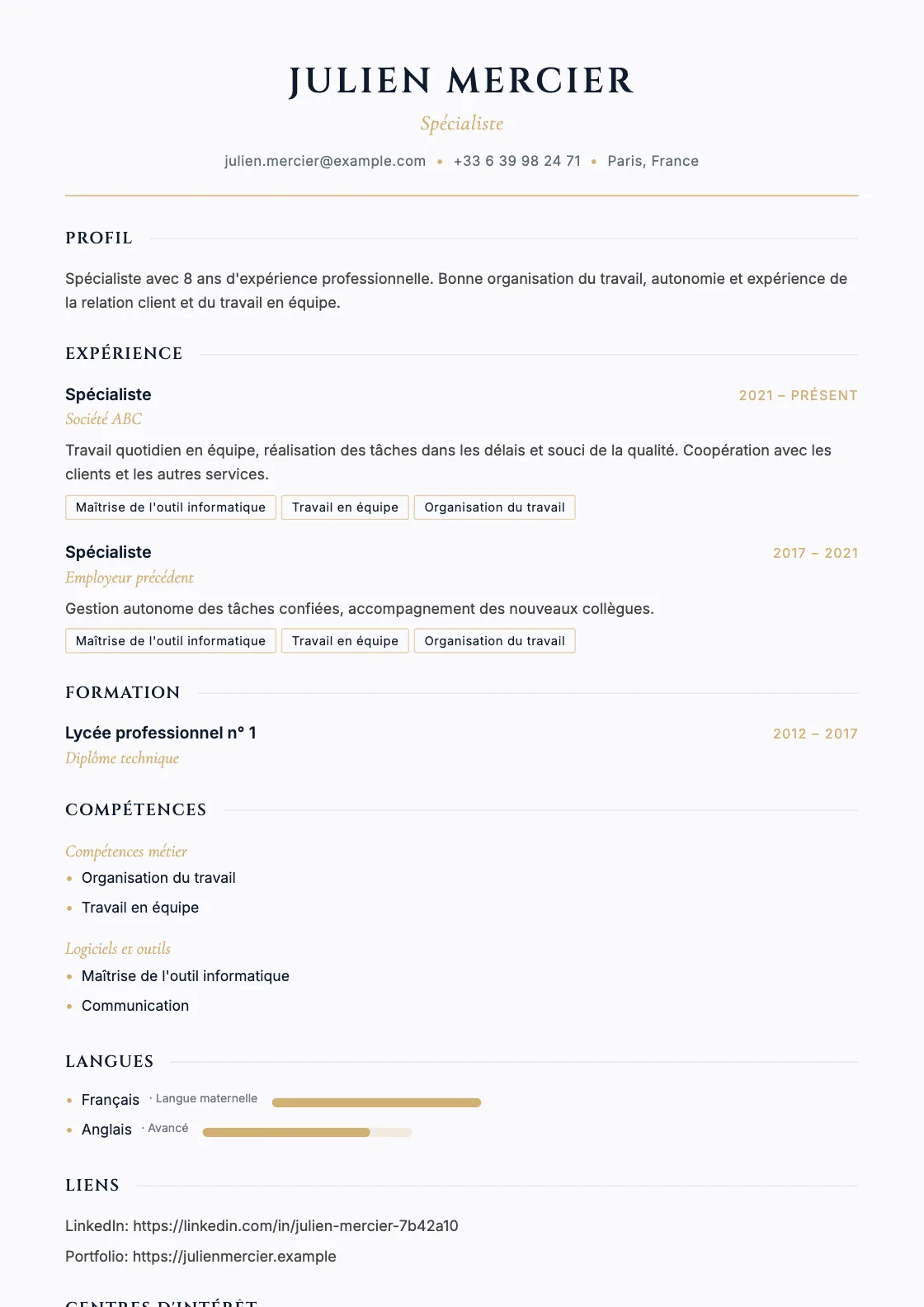 Modèle de CV Lex, aperçu du document fini