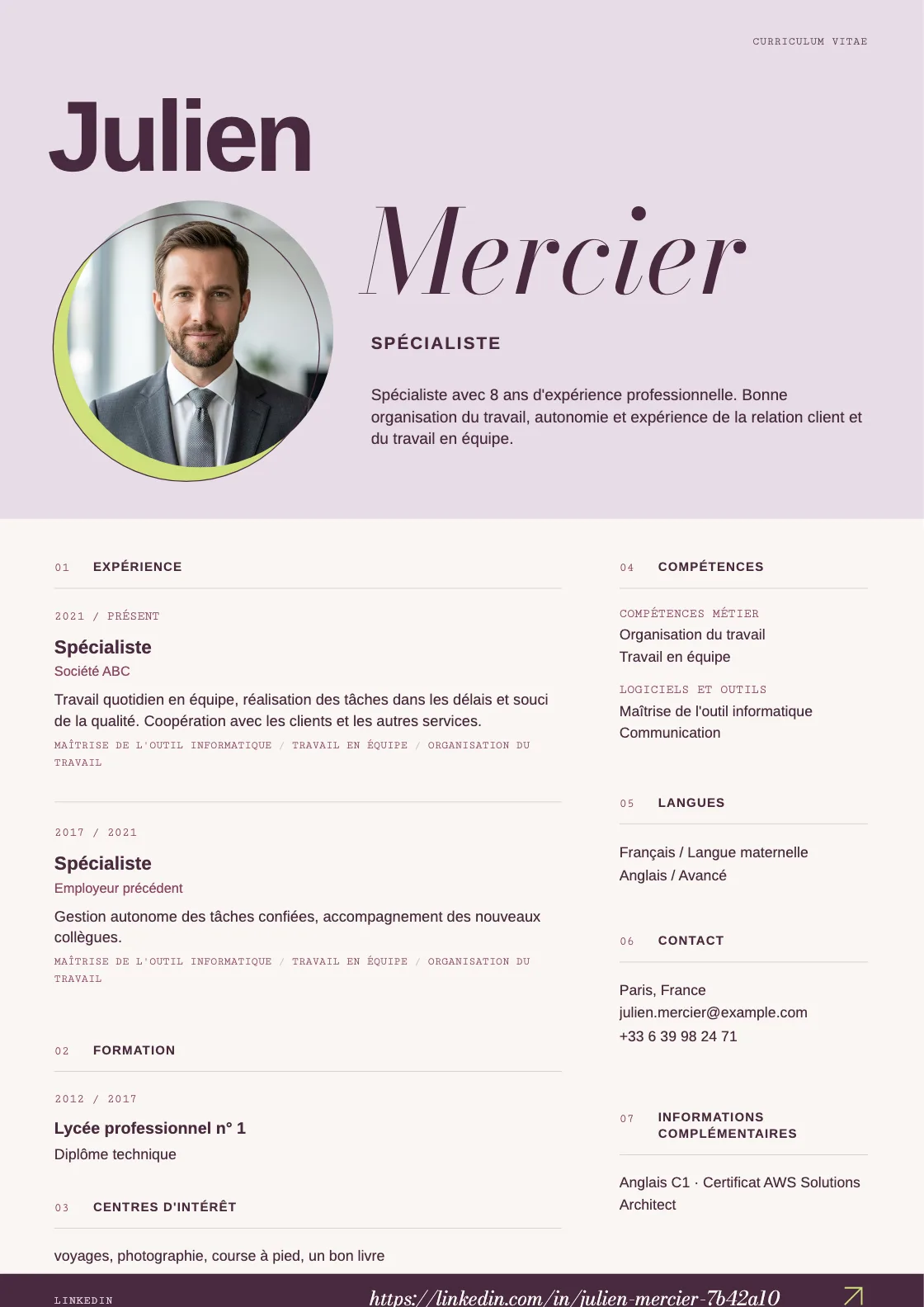 Modèle de CV Manifesto, aperçu du document fini