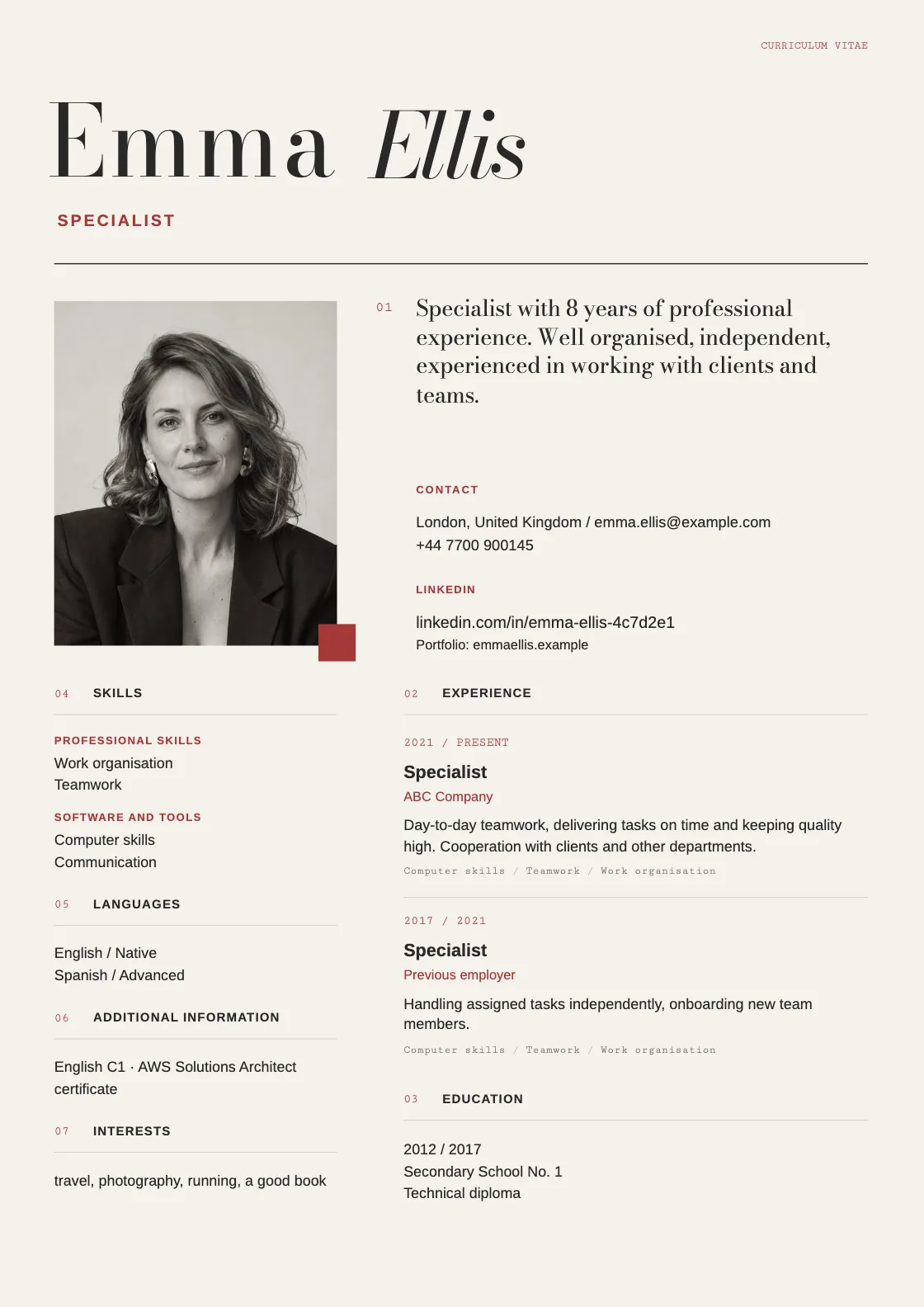Margin CV template, preview of the finished document