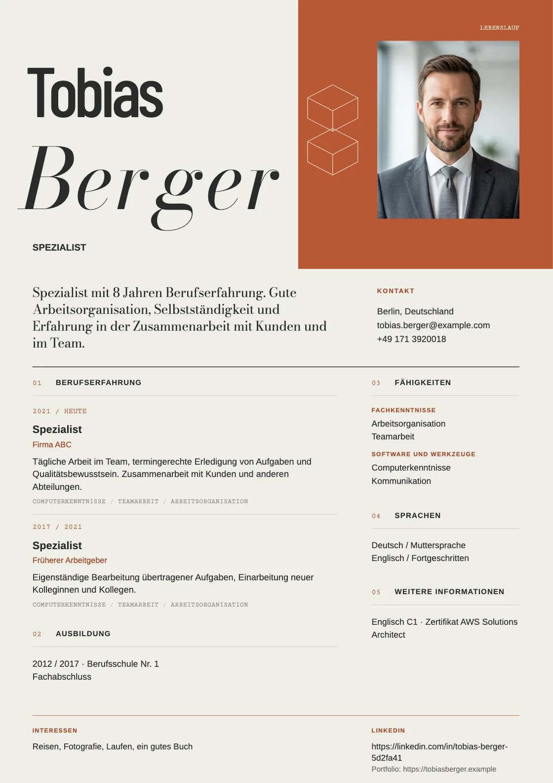Lebenslauf Vorlage Material, Vorschau des fertigen Dokuments