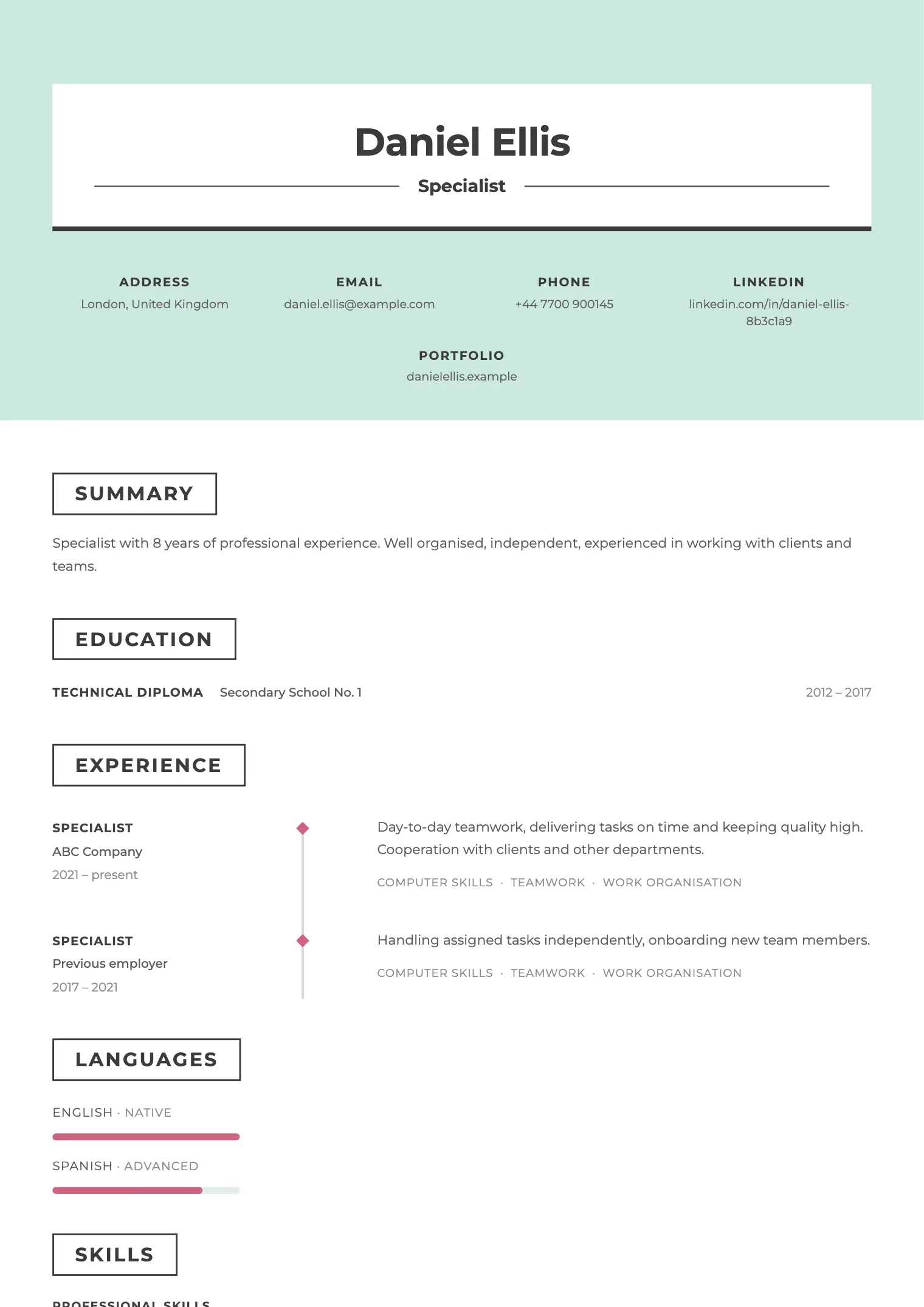 Mint CV template, preview of the finished document