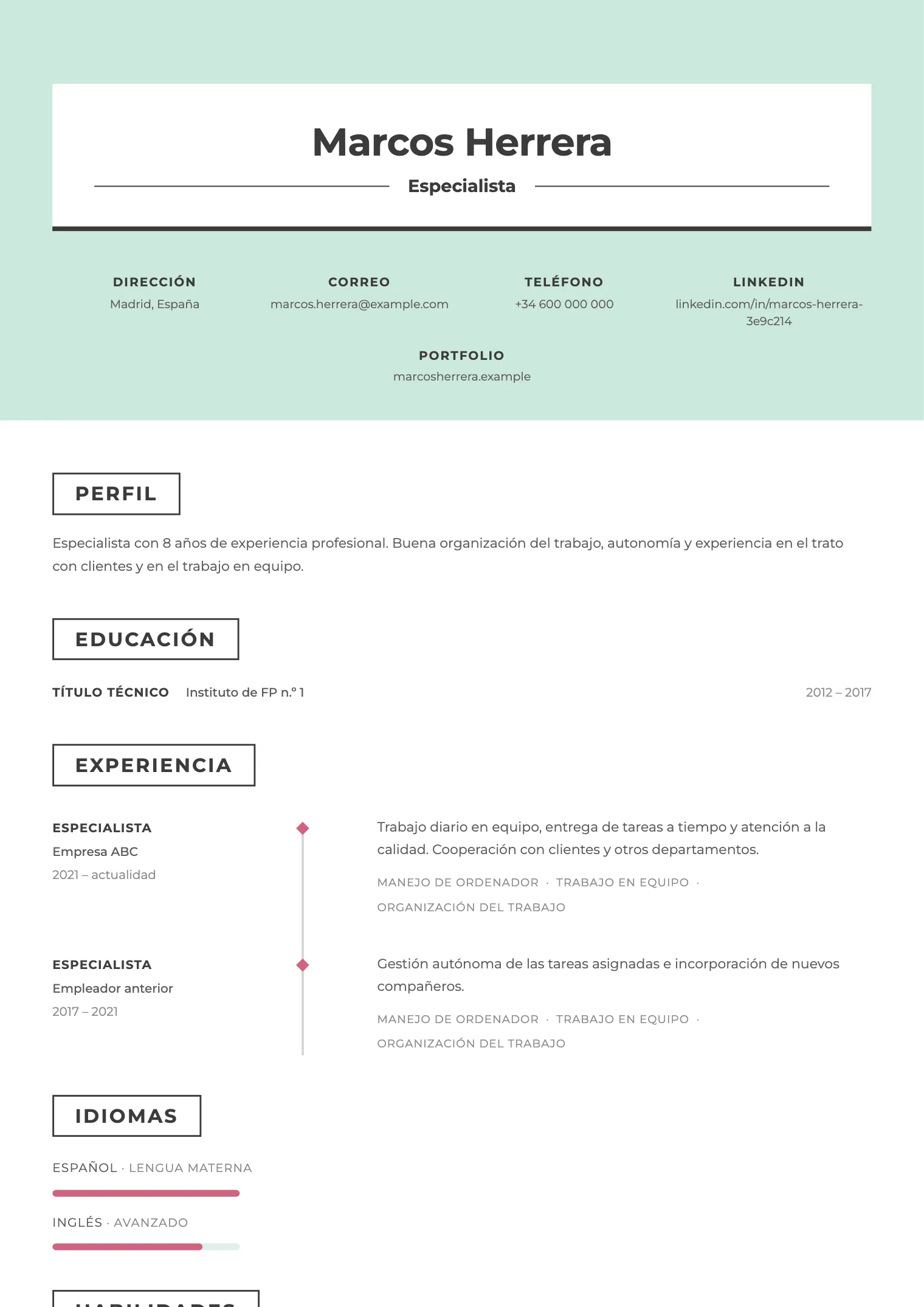 Plantilla de CV Mint, vista previa del documento terminado